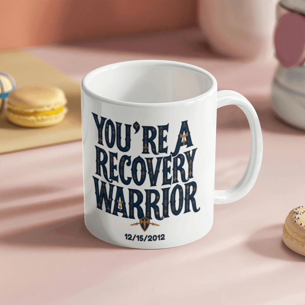 White ceramic mug with “You’re a Recovery Warrior” lettering and “12/15/2012”