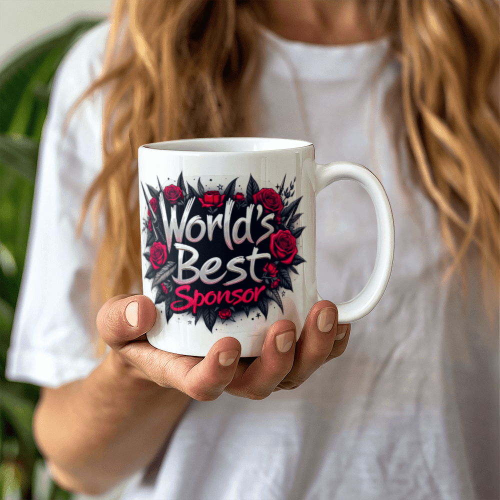 White ceramic mug held in hand with “World’s Best Sponsor” text and red roses