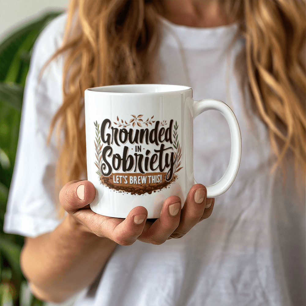 Hand holding a white mug with “Grounded in Sobriety” and “Let’s Brew This!” text