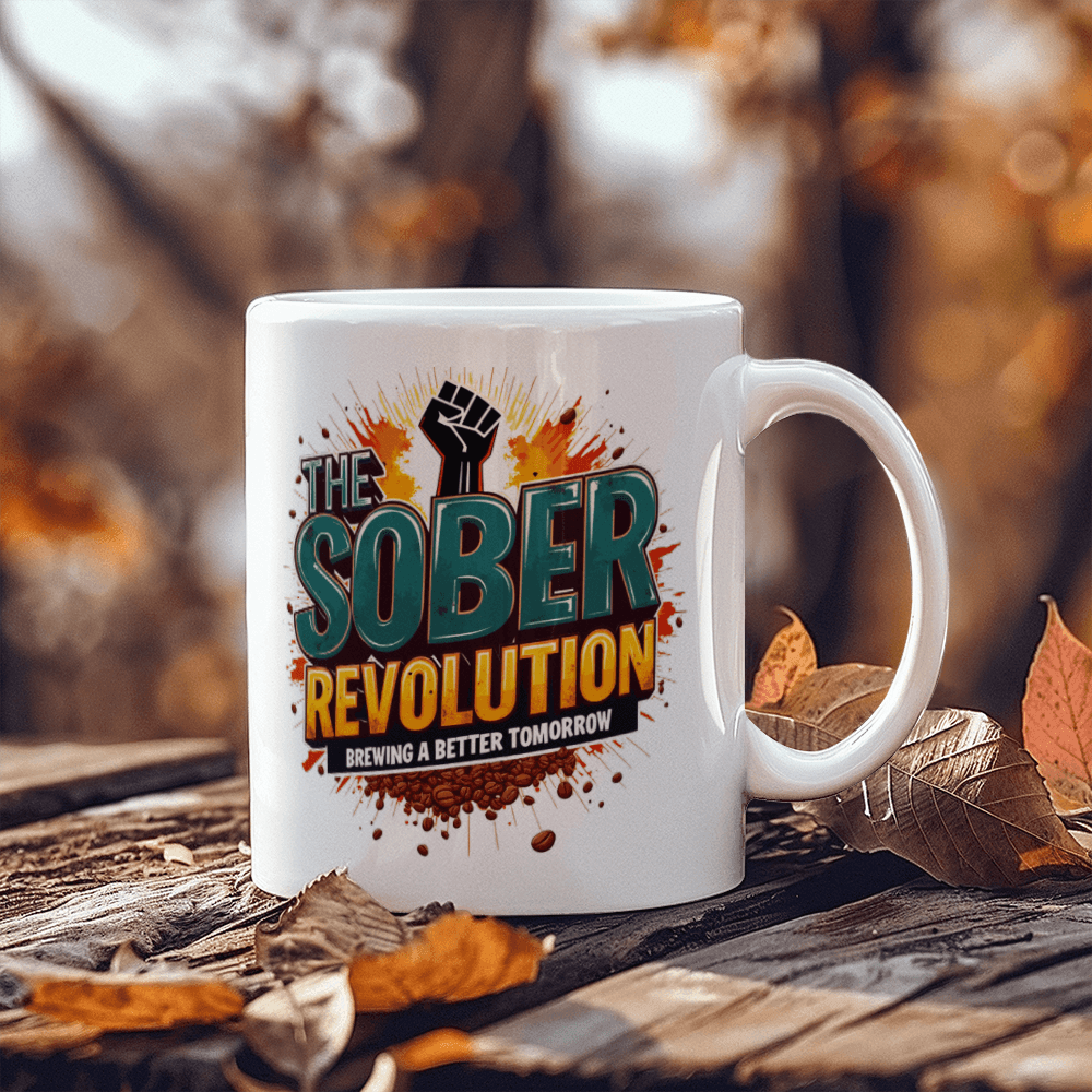 White ceramic mug with 'The Sober Revolution' graphic and orange splatter on wood