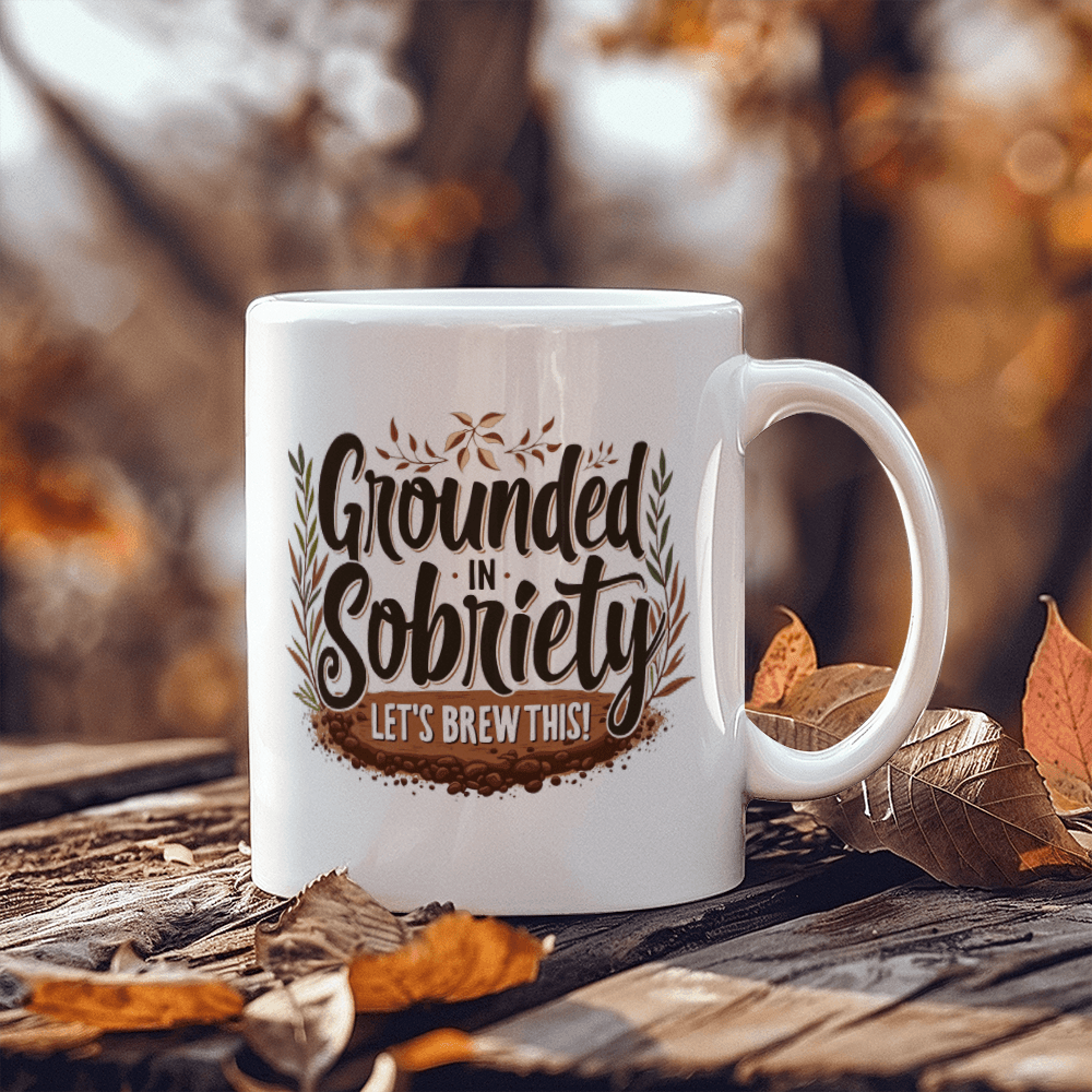 White mug with “Grounded in Sobriety” and “Let’s Brew This!” plus nearby fall leaves