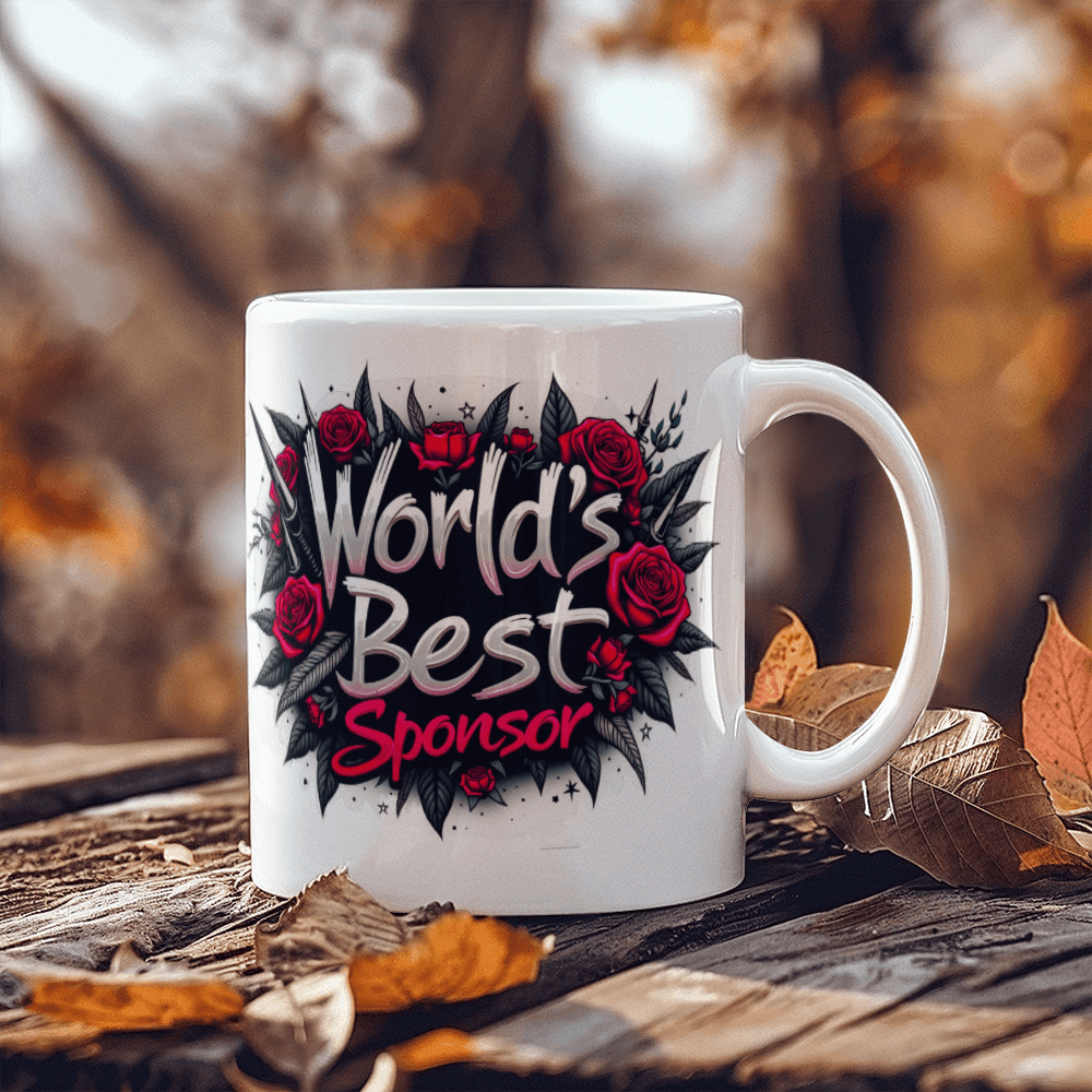 White ceramic coffee mug on fall leaves with “World’s Best Sponsor” red rose design