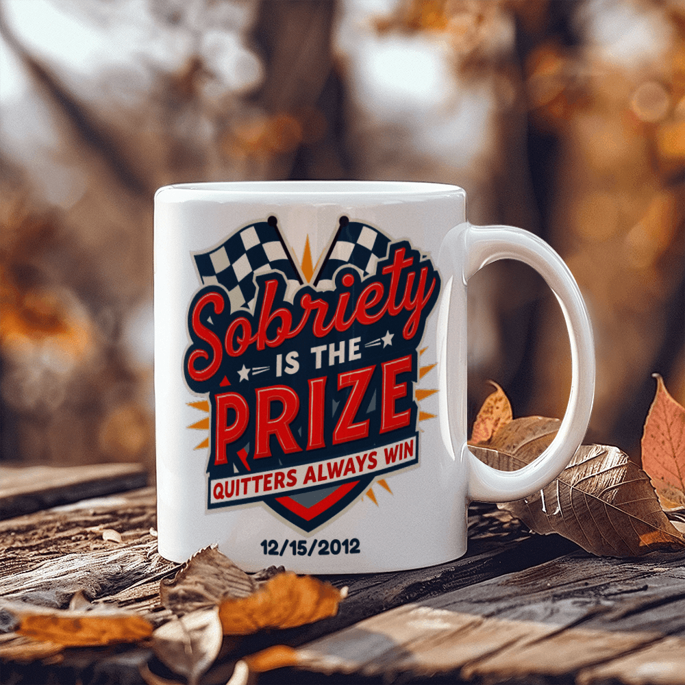 Customizable white mug with “Sobriety is the Prize” design and “Quitters always win”