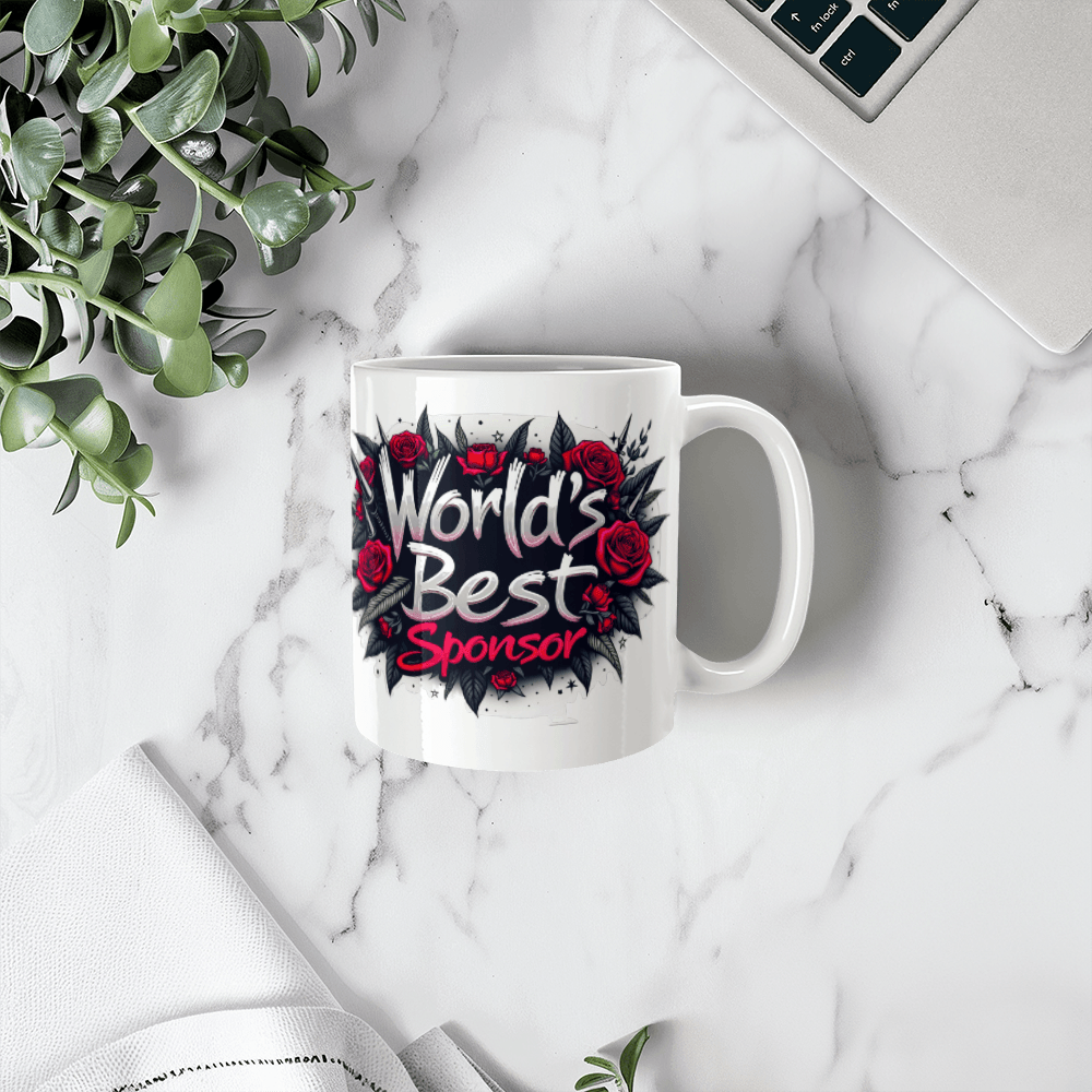White ceramic coffee mug on marble surface with “World’s Best Sponsor” red rose graphic