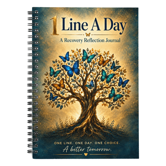 Recovery reflection journal with blue-gold cover and tree illustration, spiral binding