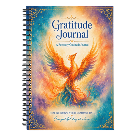 Recovery gratitude journal with blue-gold phoenix cover and spiral wire binding