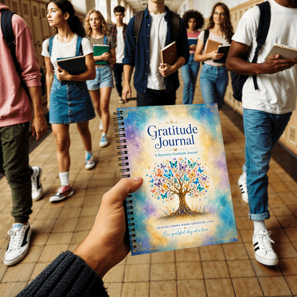 Gratitude journal with spiral binding and blue-purple tree cover held in hand