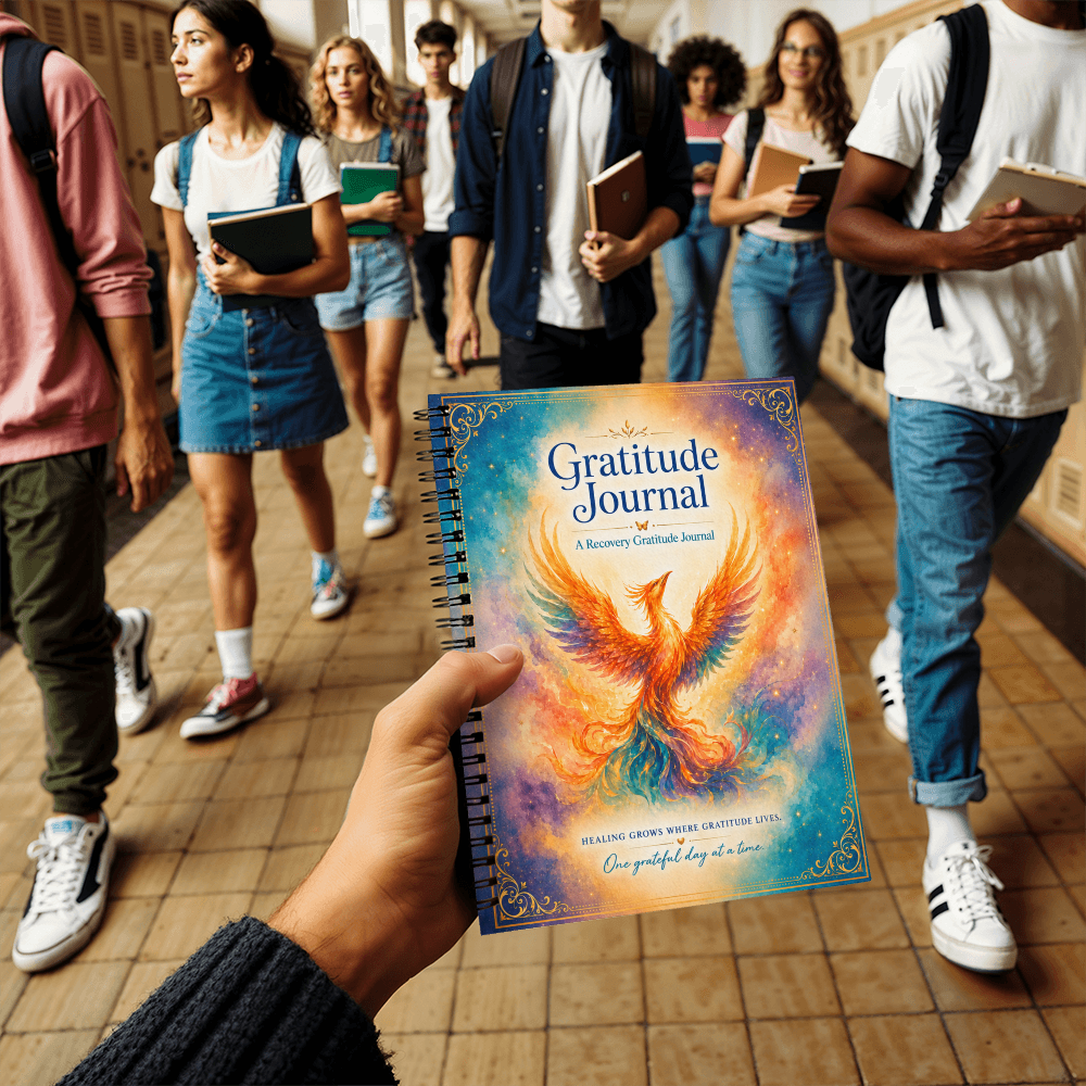 Recovery gratitude journal with phoenix front cover held in a hand
