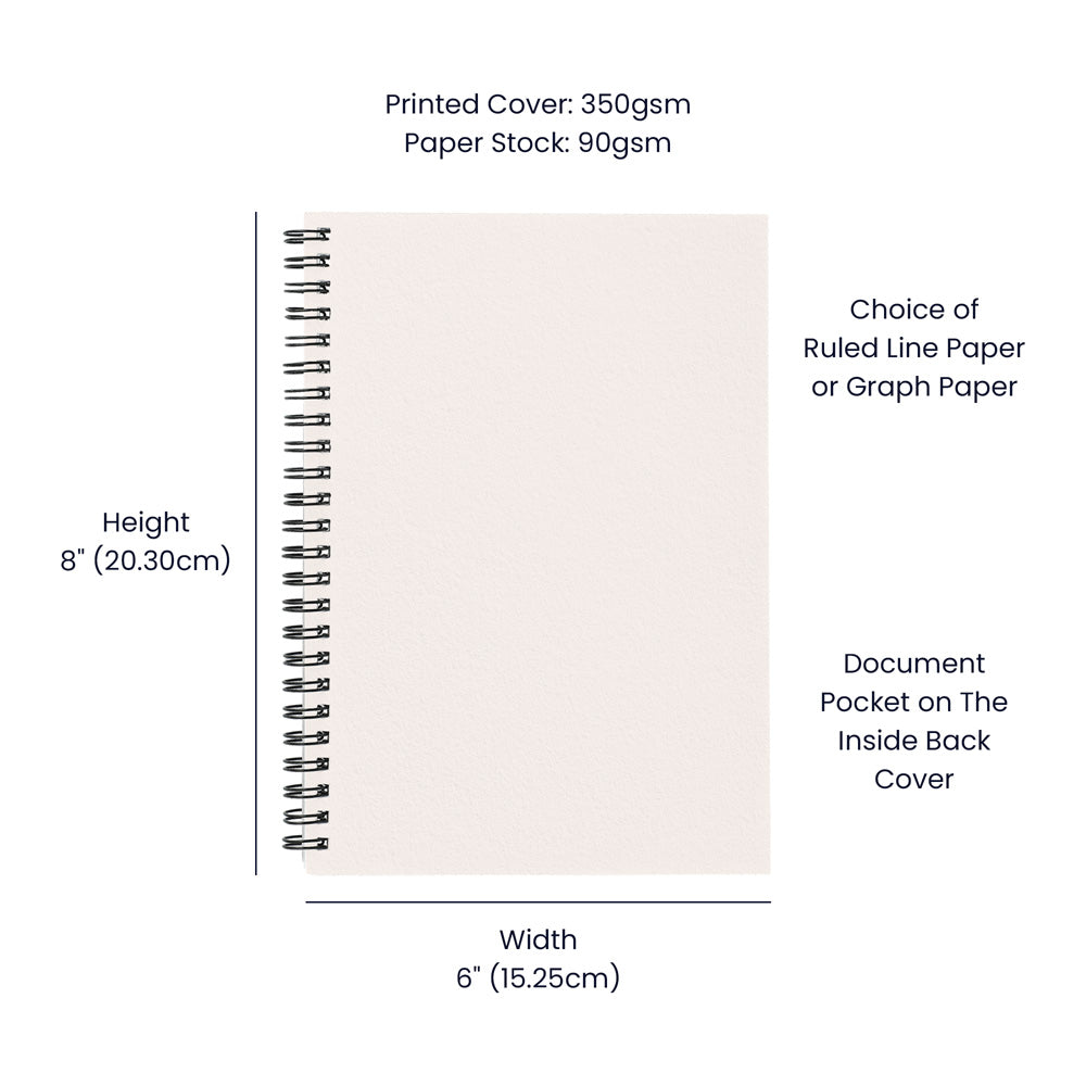 Journal dimensions shown with document pocket on inside back cover; black spiral