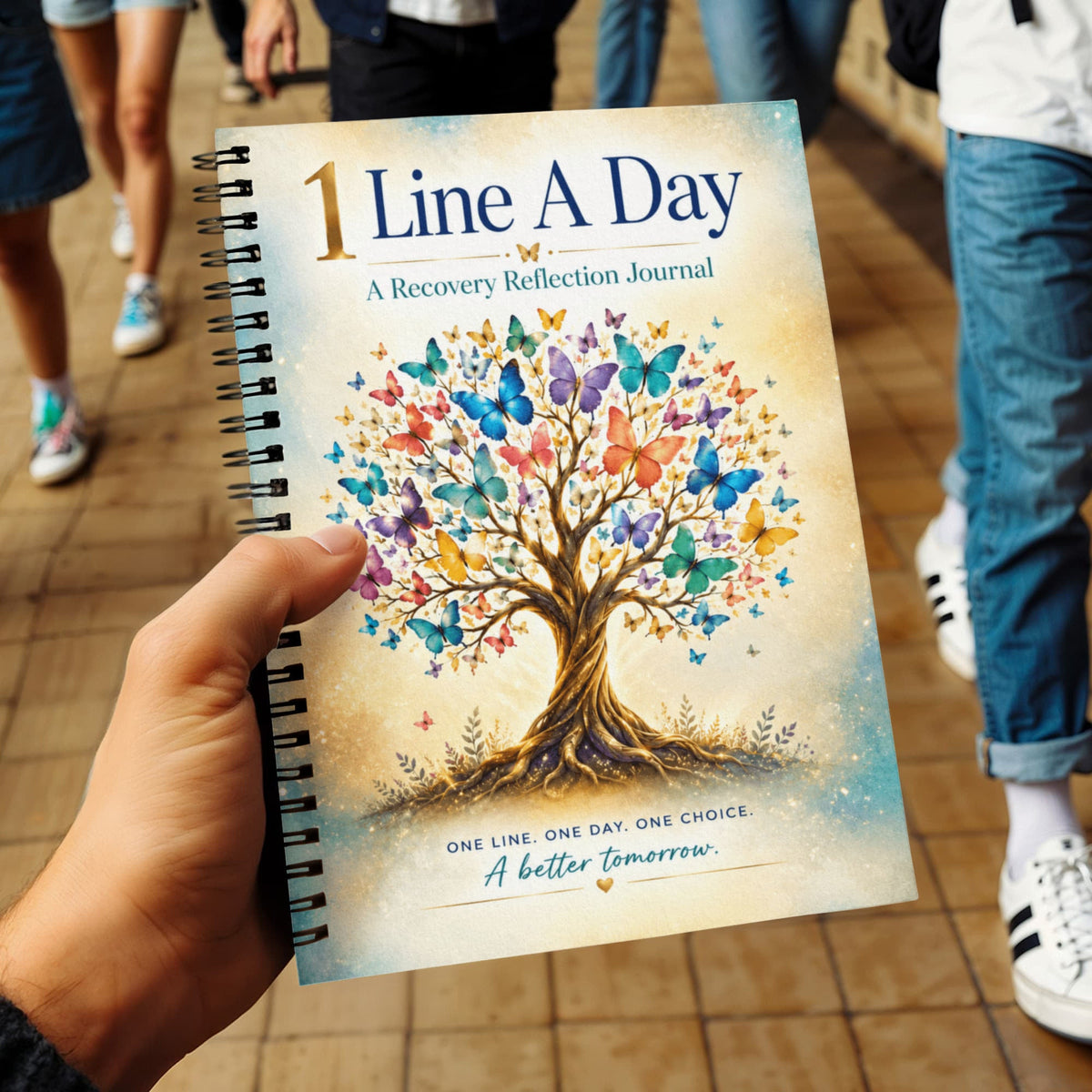 Recovery reflection journal front cover close-up with tree illustration and spiral