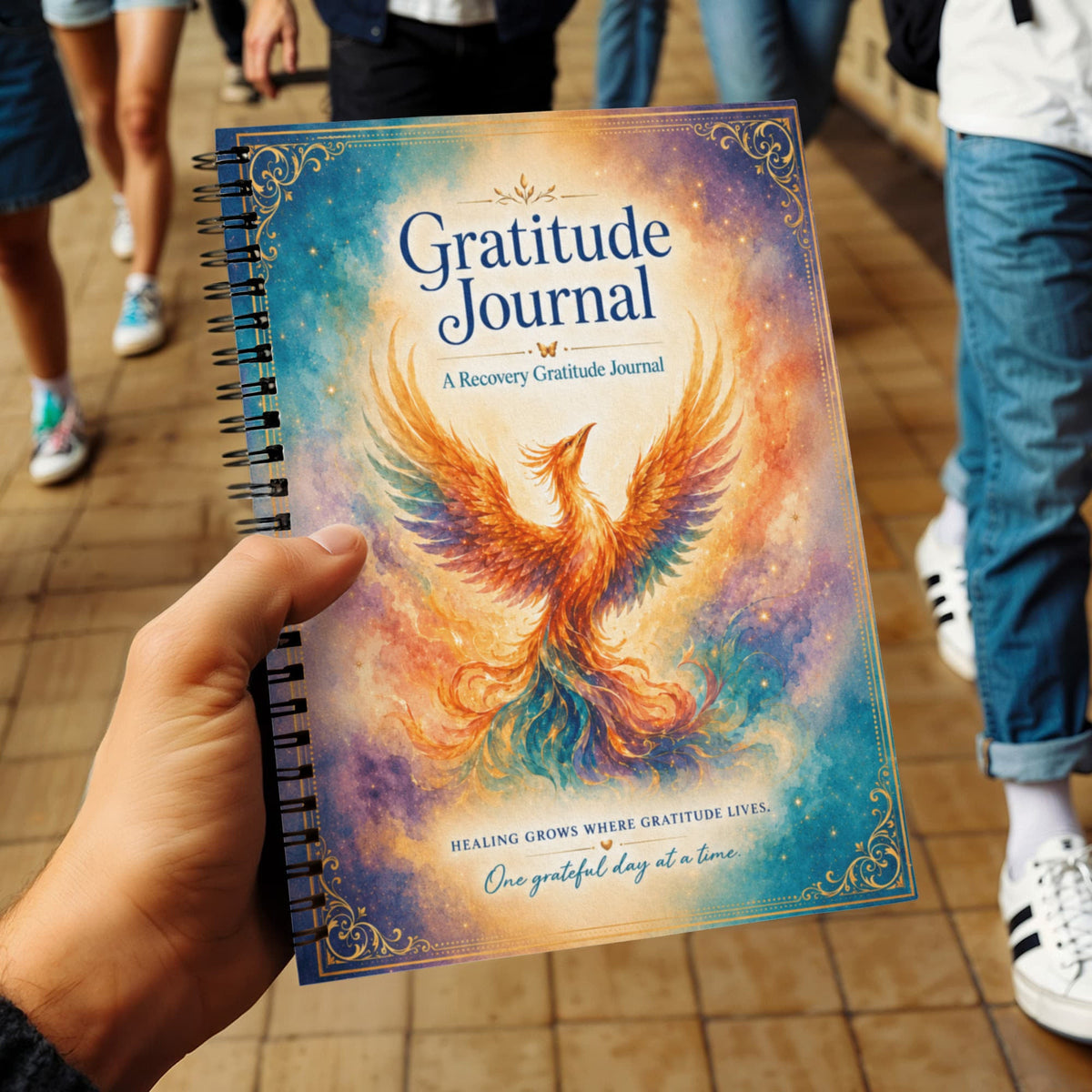 Recovery gratitude journal with phoenix front cover and spiral binding, close-up