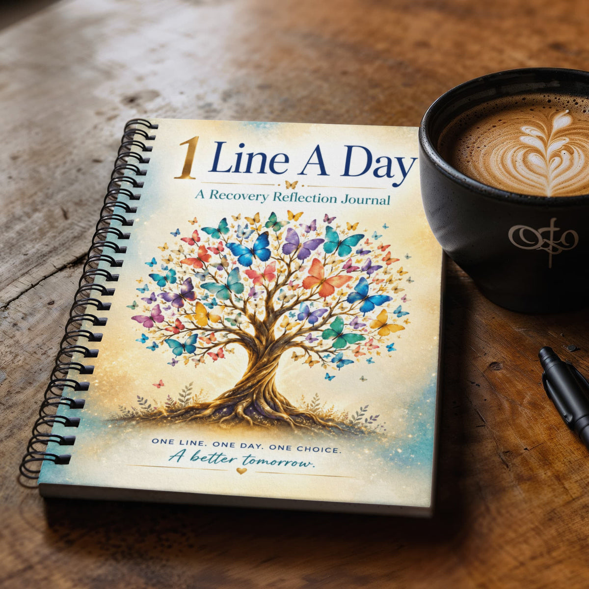 Recovery reflection journal with tree artwork front cover and black spiral binding