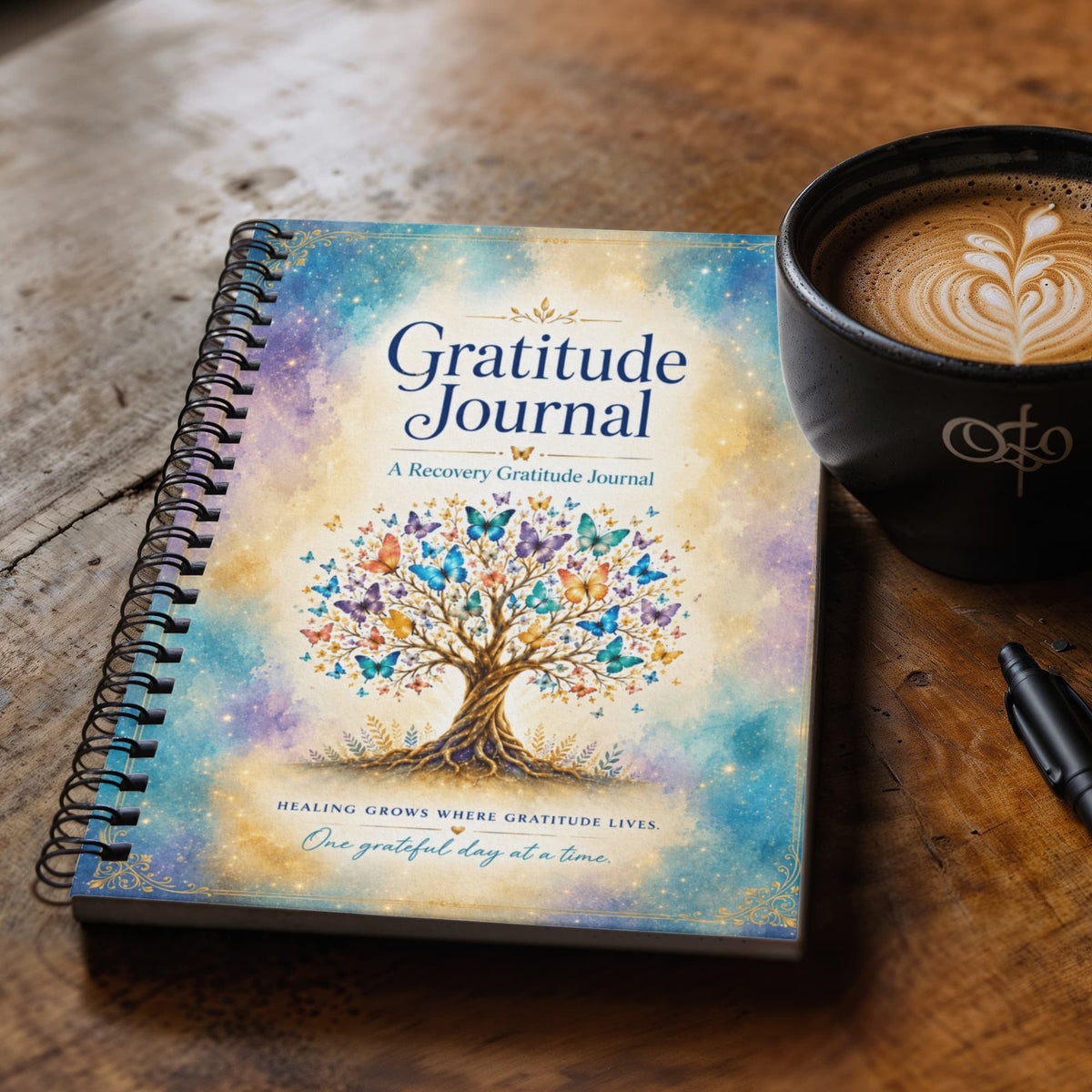 Gratitude journal with colorful tree cover on desk, beside coffee cup and pen