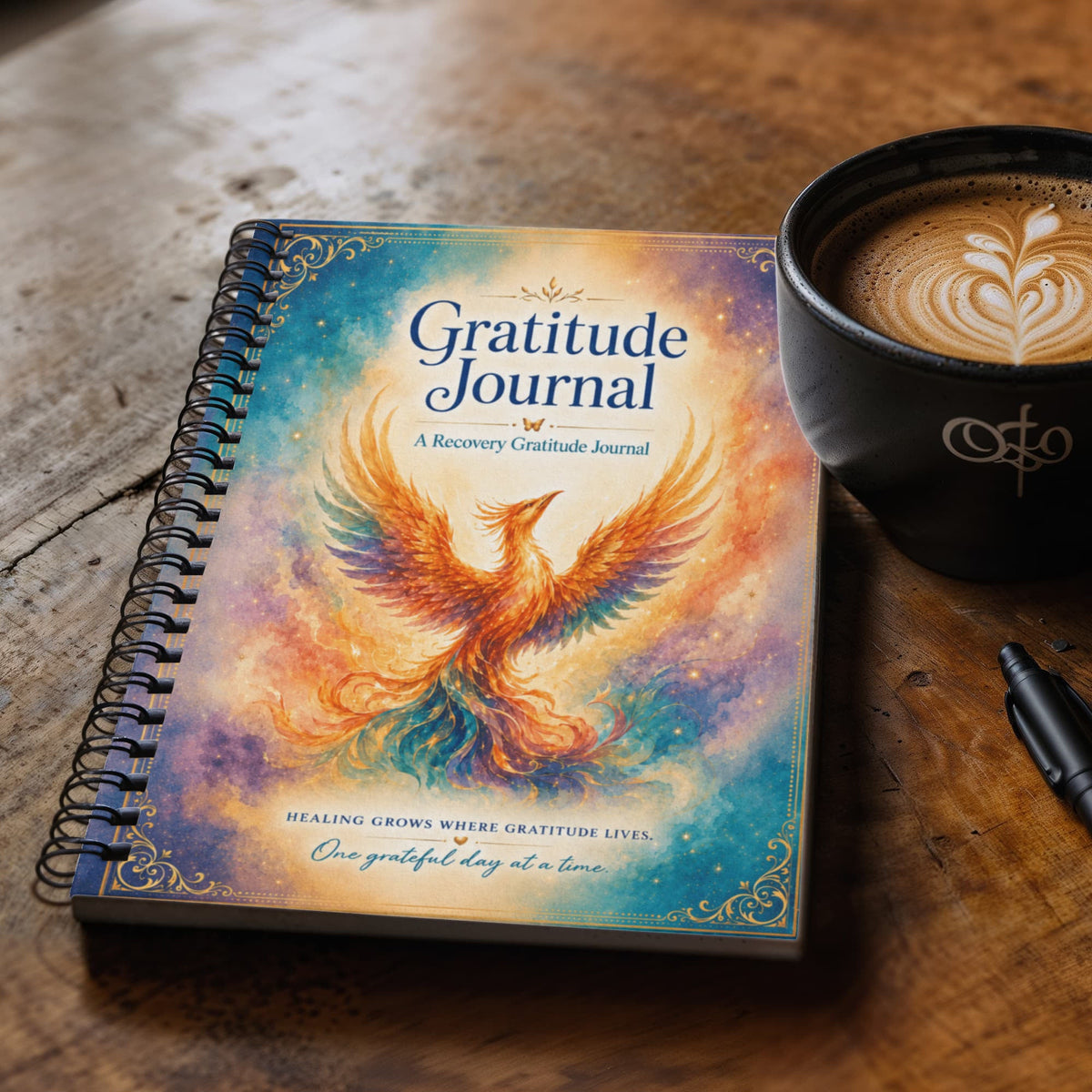 Spiral gratitude journal with phoenix cover next to a coffee cup and pen