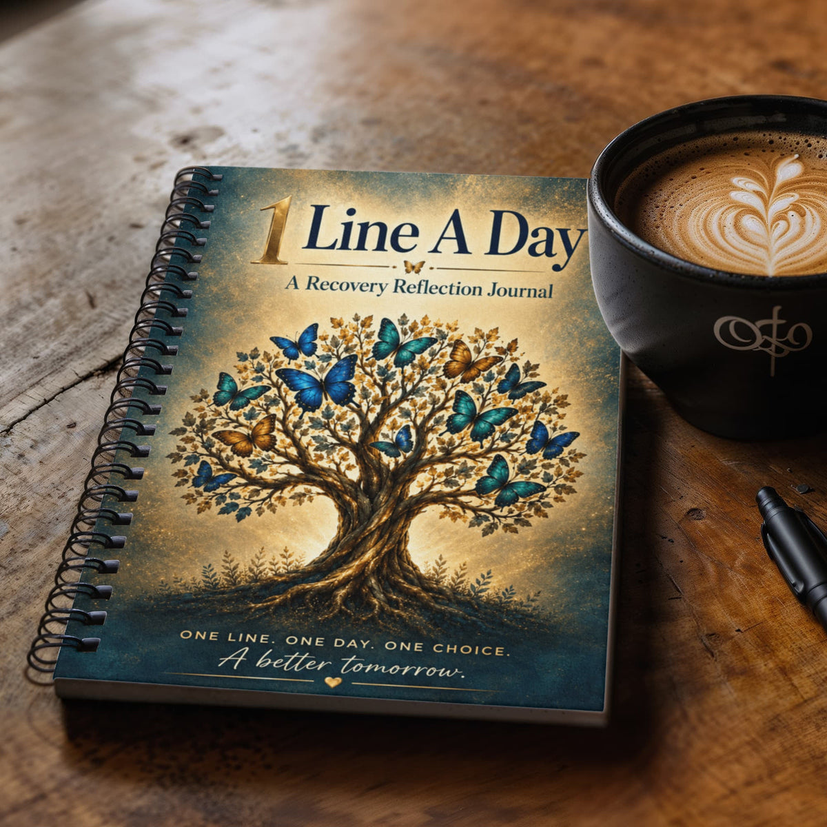 Recovery reflection journal on tabletop with blue-gold tree cover, beside a coffee cup