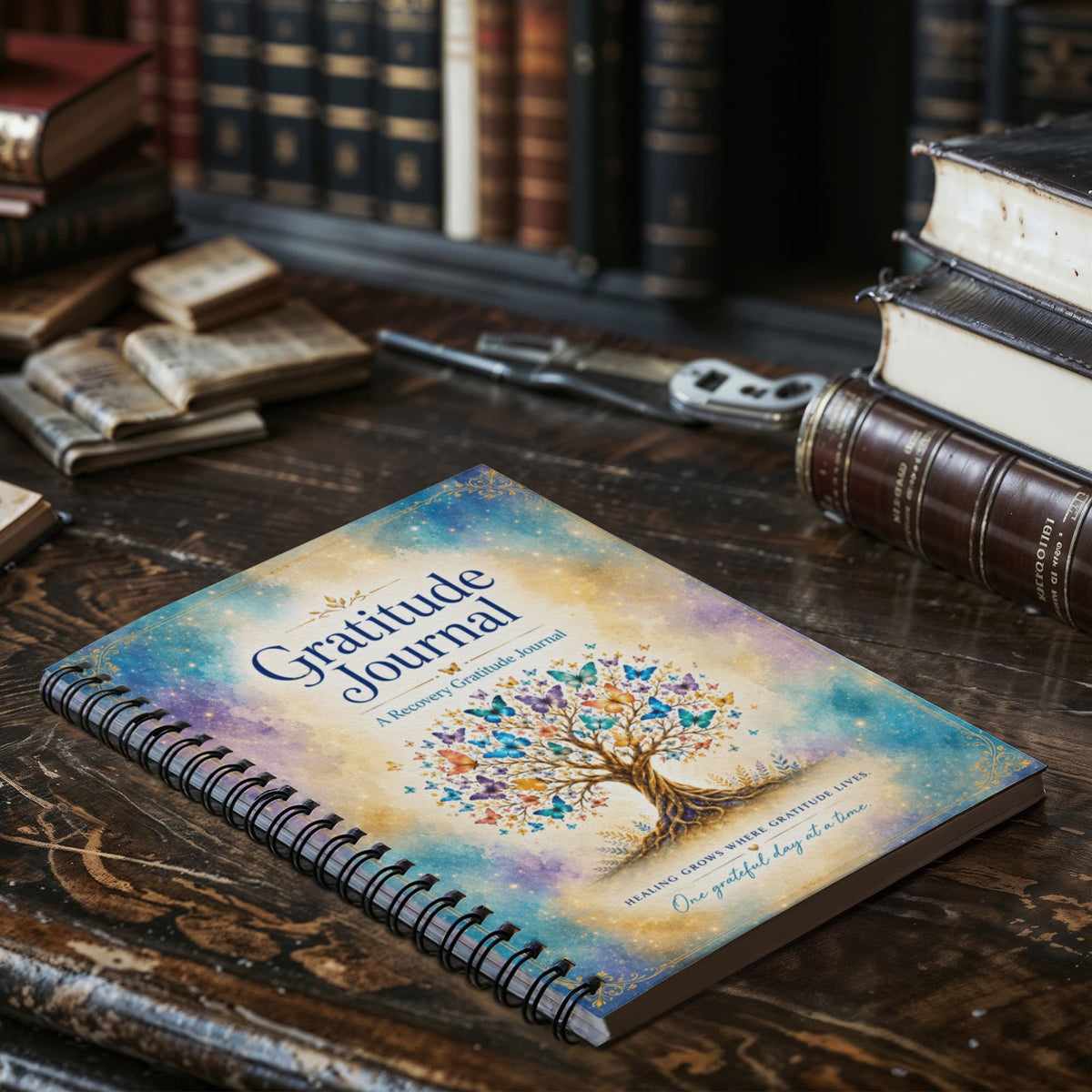 Spiral-bound gratitude journal with colorful tree cover on wooden desk