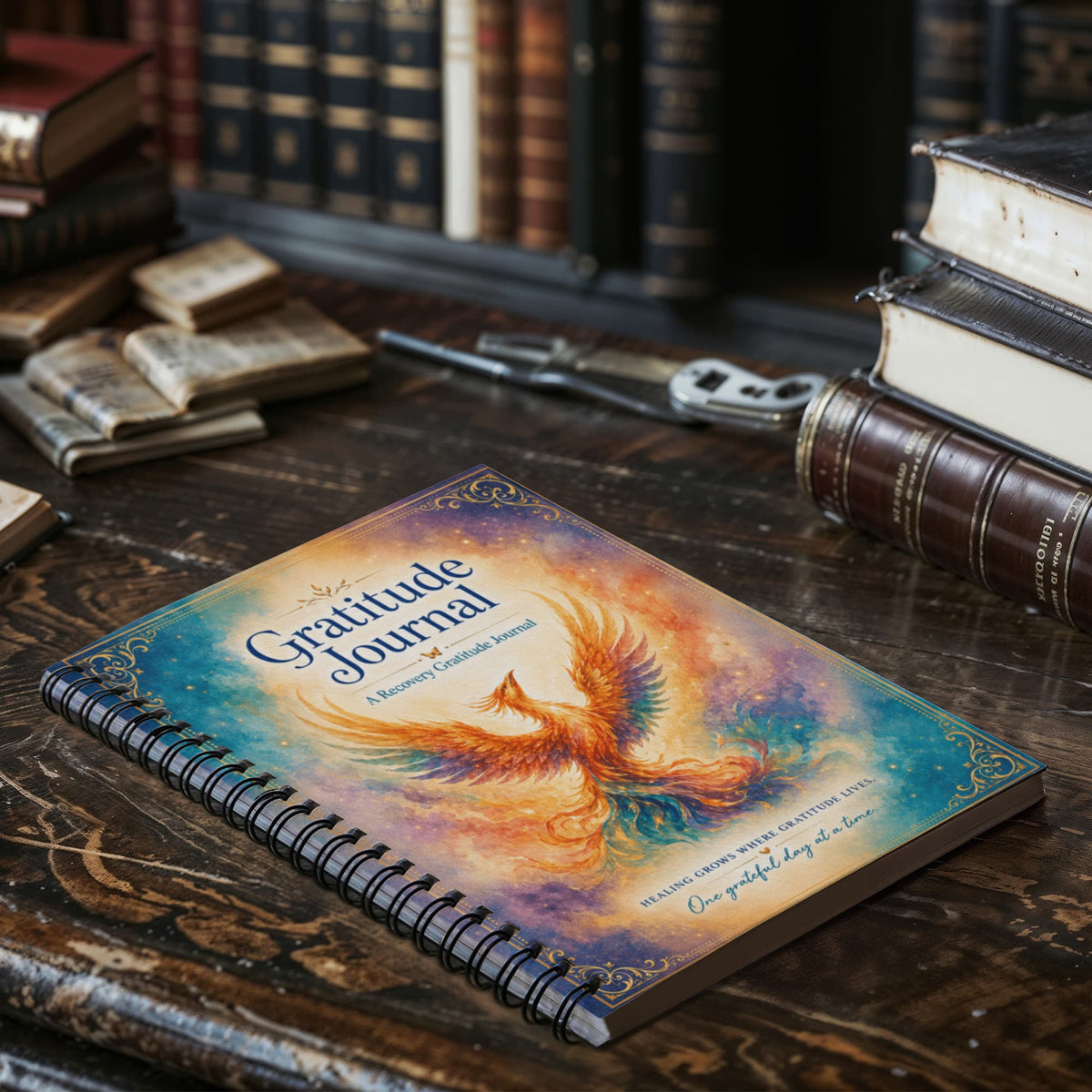 Spiral gratitude journal with phoenix cover on a dark desk surface