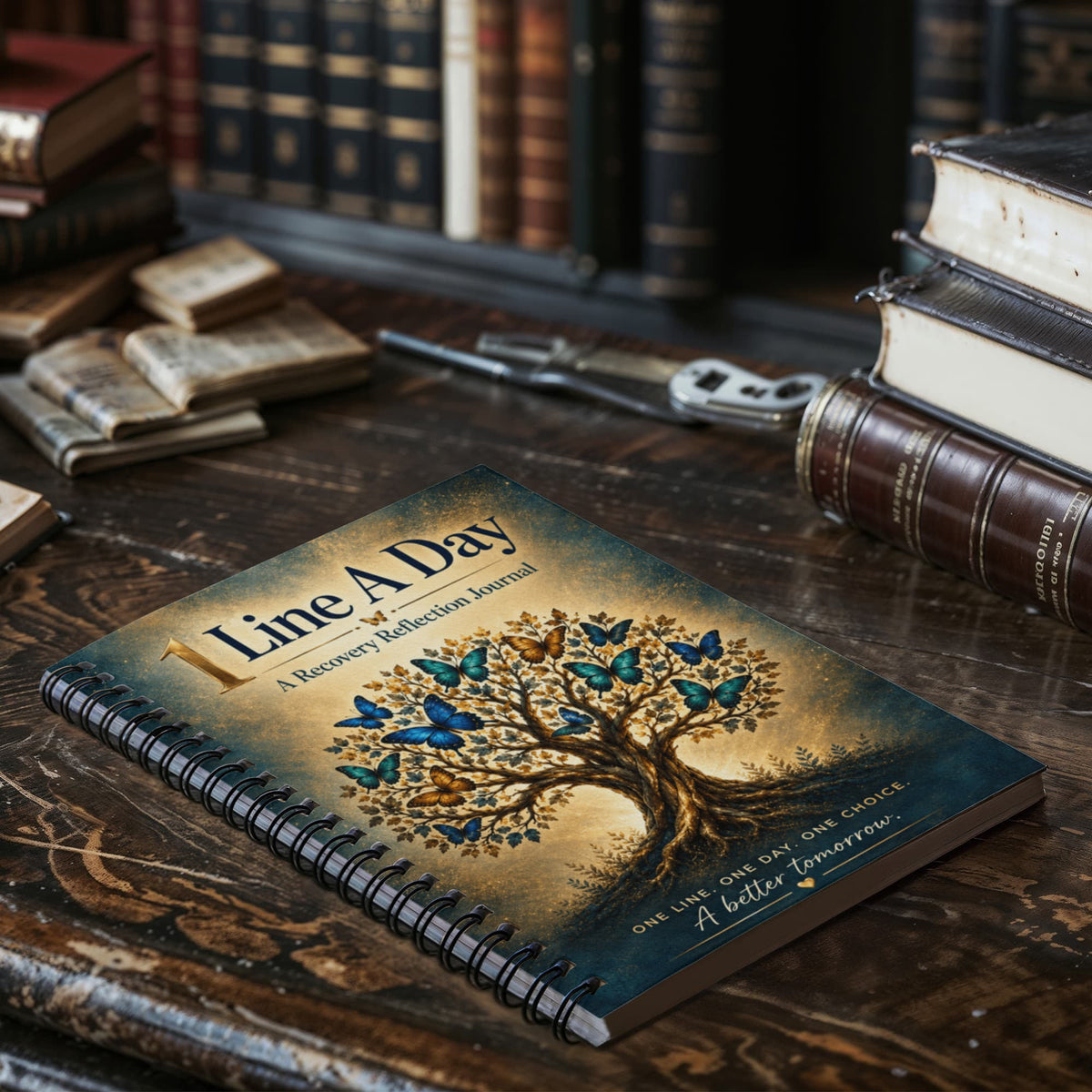 Recovery reflection journal on a desk with blue-gold tree cover and black spiral binding