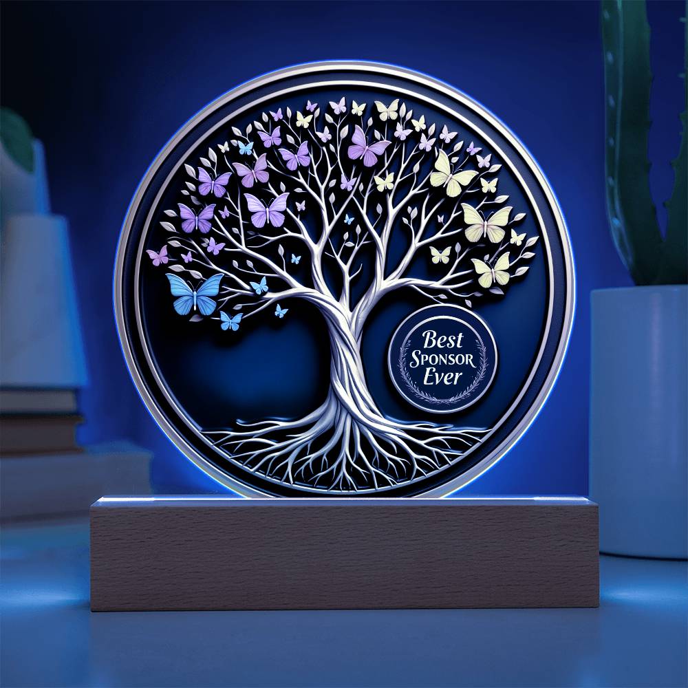 LED circle acrylic keepsake featuring a white tree with multicolor butterflies and round badge
