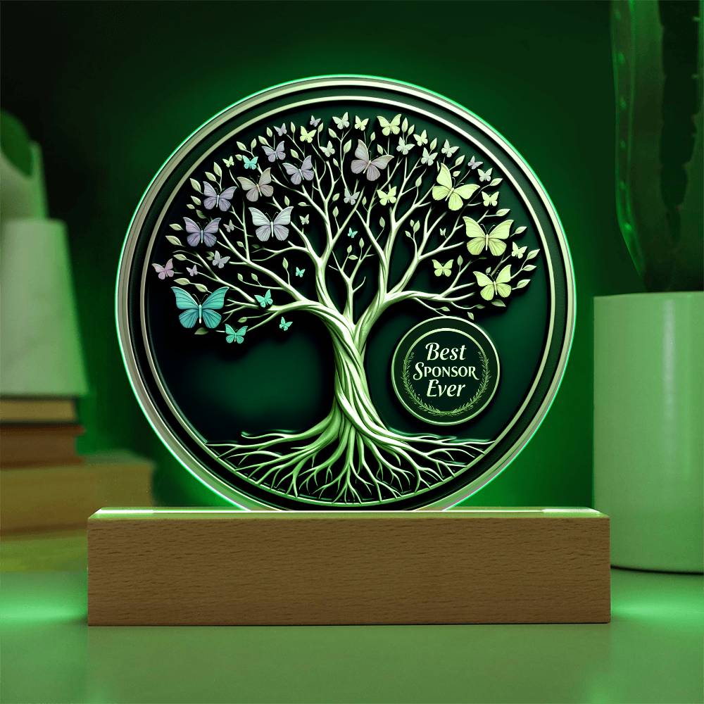 LED circle acrylic keepsake with illuminated ring, white tree, and multicolor butterflies