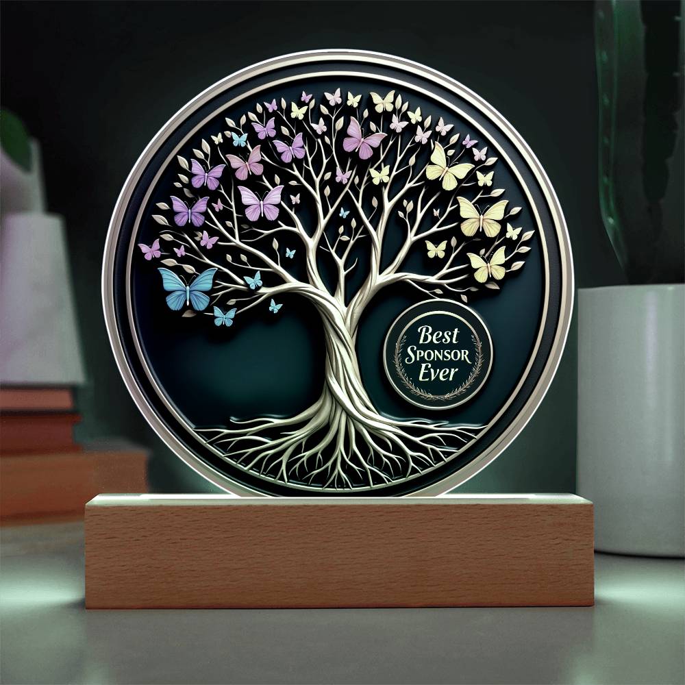 LED circle acrylic keepsake with white tree and multicolor butterflies on dark background