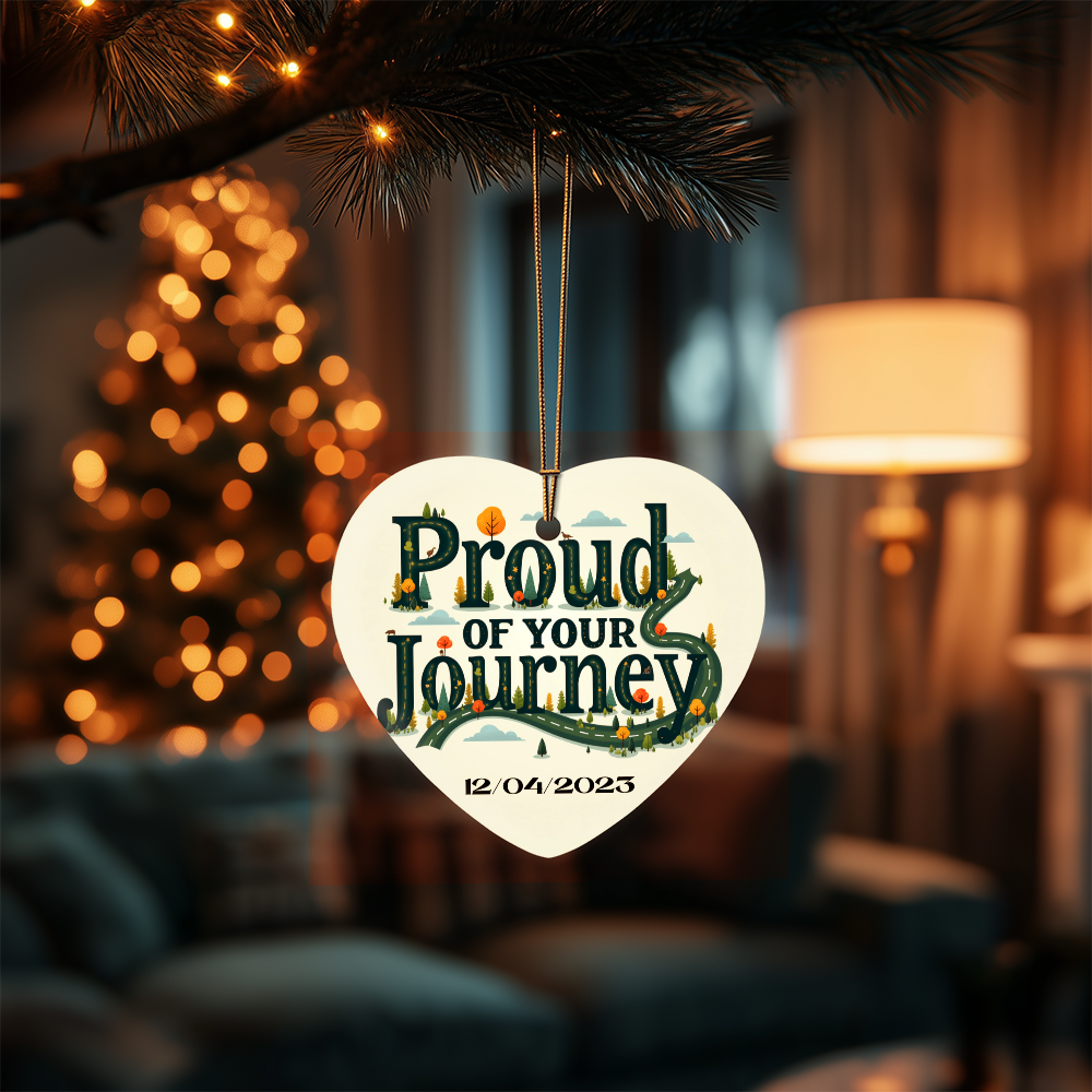 Heart ornament with “Proud of your Journey” and “12/04/2023” hanging from gold cord.