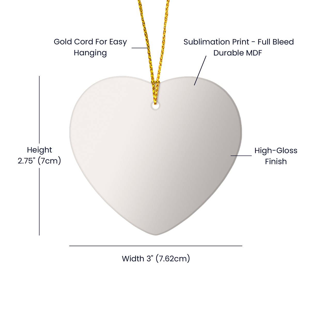 Heart ornament diagram: gold cord, high-gloss finish, 2.75 in height and 3 in width.