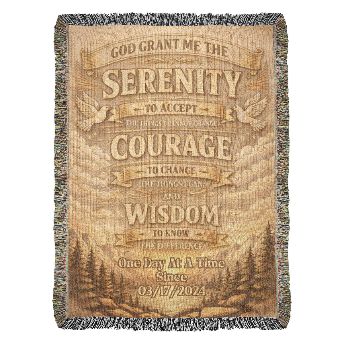 Tan woven prayer blanket with fringed edges and Serenity, Courage, Wisdom text graphic