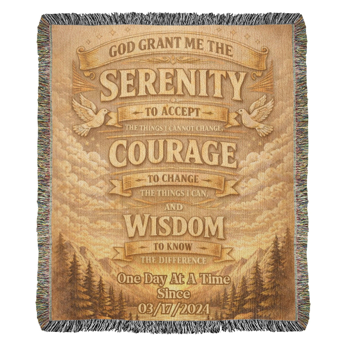 Tan woven Serenity prayer blanket with dark fringe and Courage and Wisdom banner text