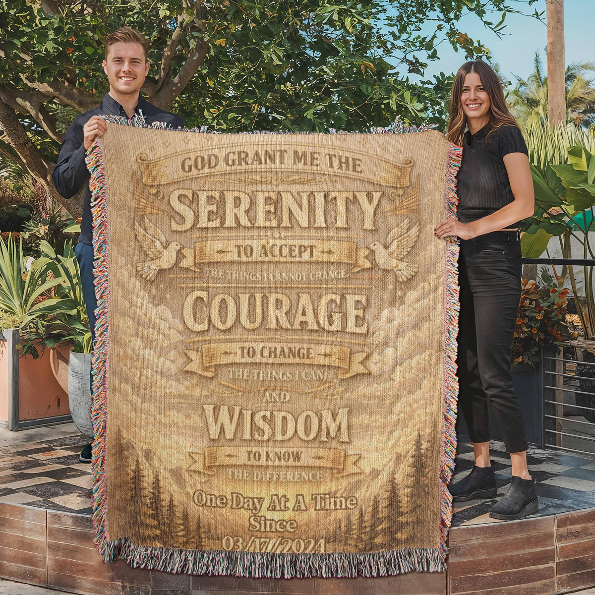 Tan woven Serenity prayer throw with fringed edges and layered Courage banner text