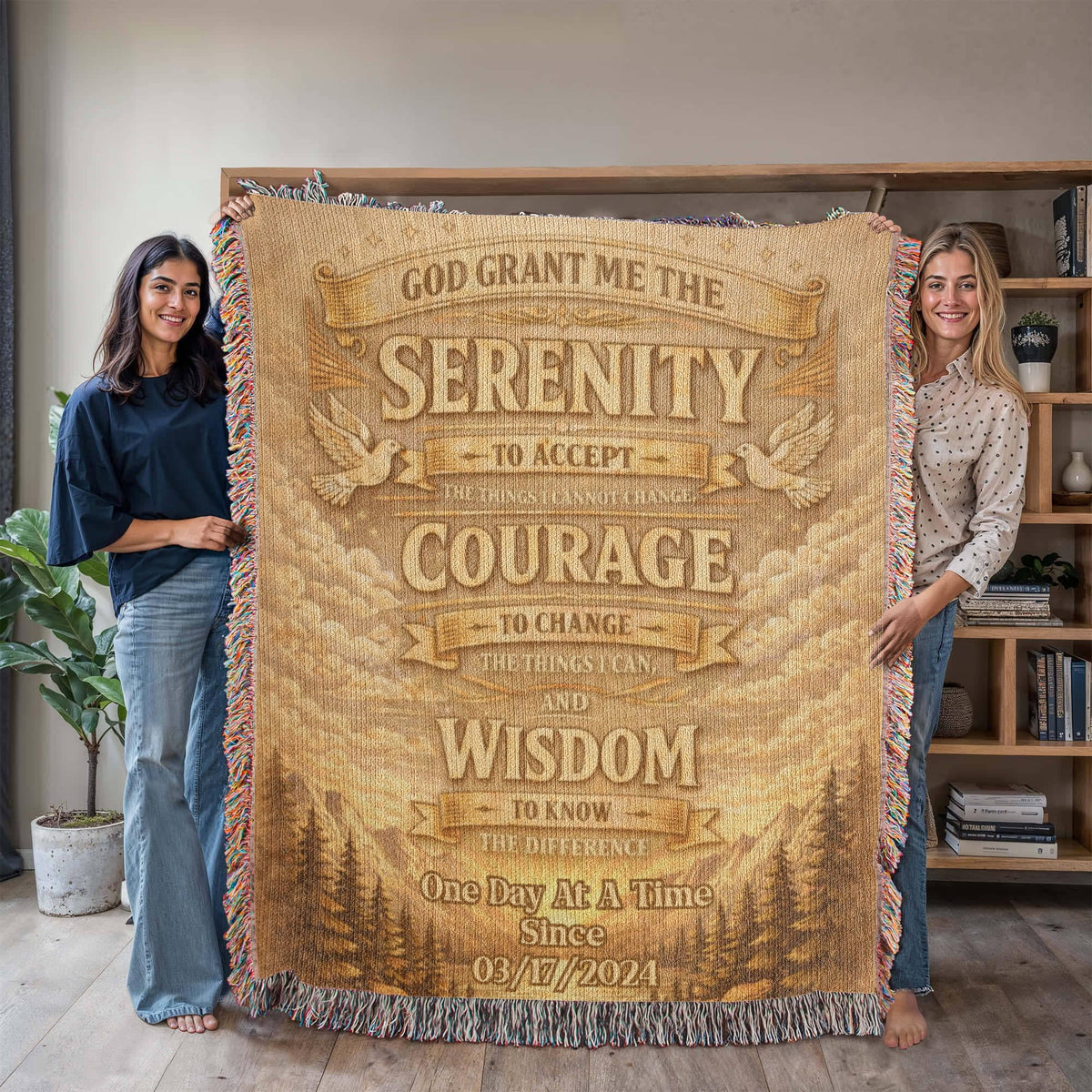 Tan woven Serenity prayer blanket with fringed border, God grant me the text