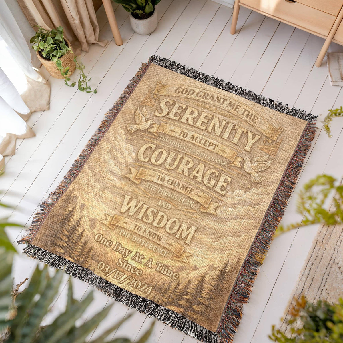 Tan woven prayer blanket laid flat with dark fringes and Serenity to Accept text