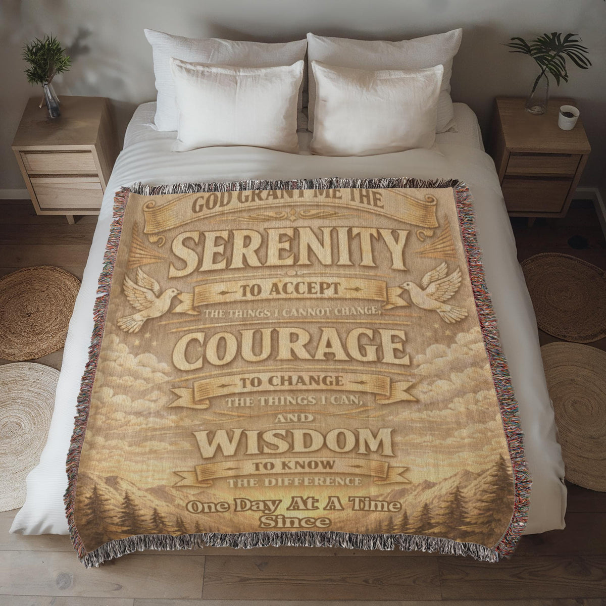 Beige woven blanket with fringe edge and Serenity Prayer quote text