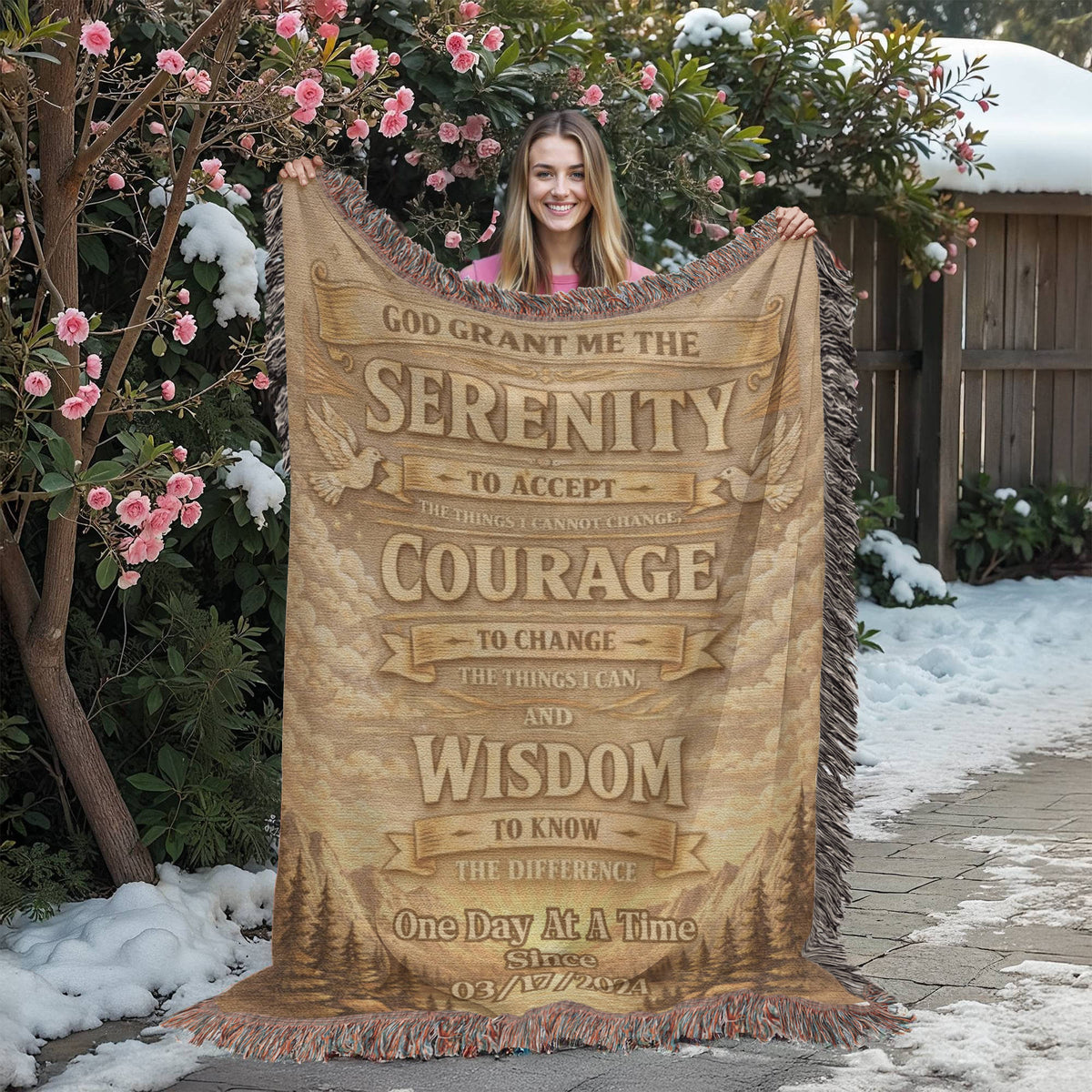 Tan woven Serenity prayer blanket with fringed trim and large layered Serenity graphic