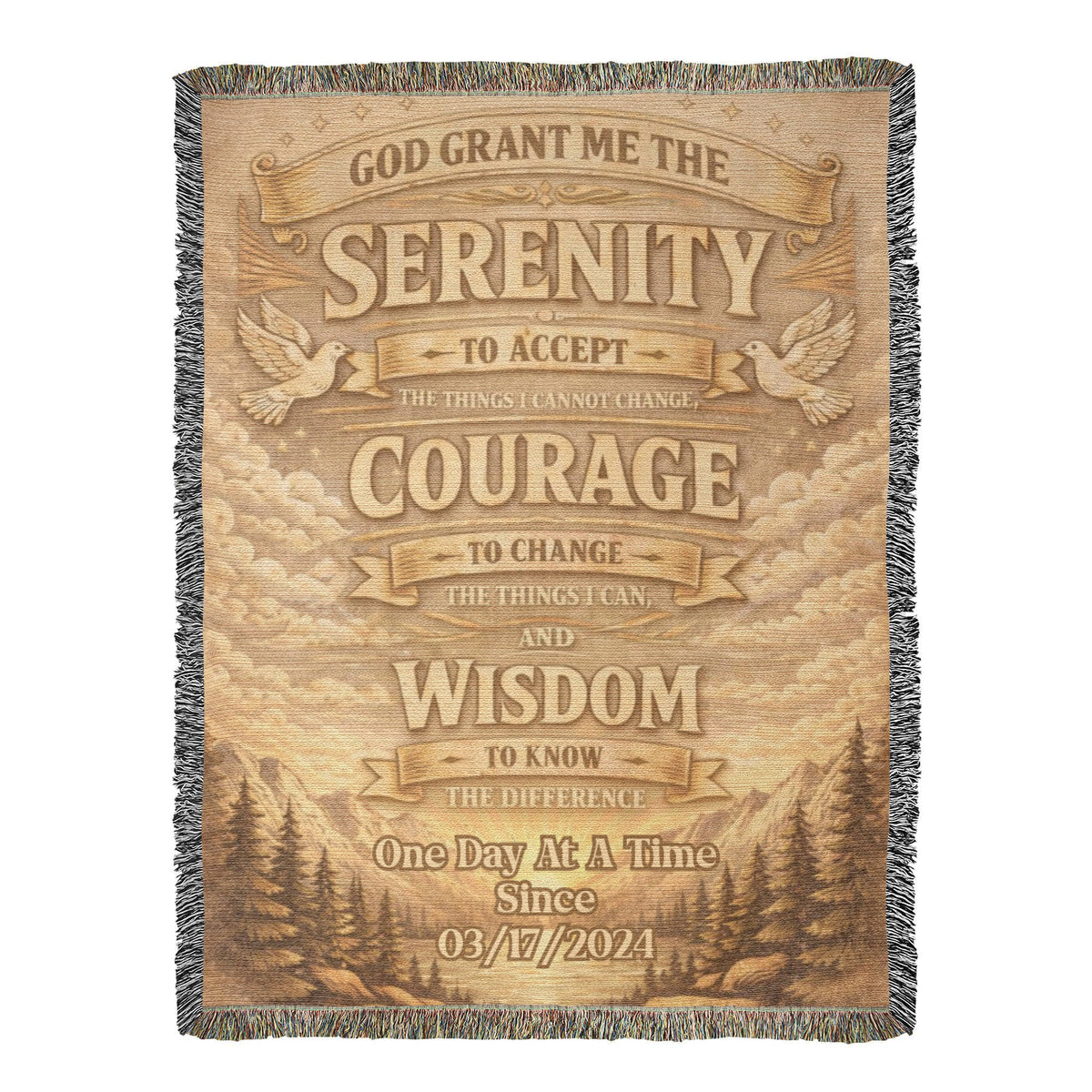 Square tan woven blanket with fringed border and Serenity to Accept message design