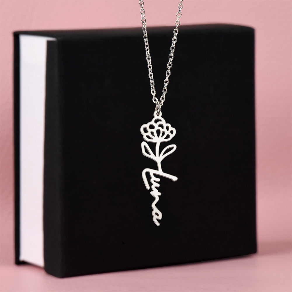 Custom Birth Flower Name Necklace