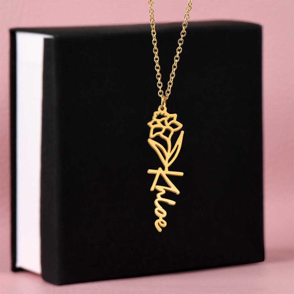 Custom Birth Flower Name Necklace