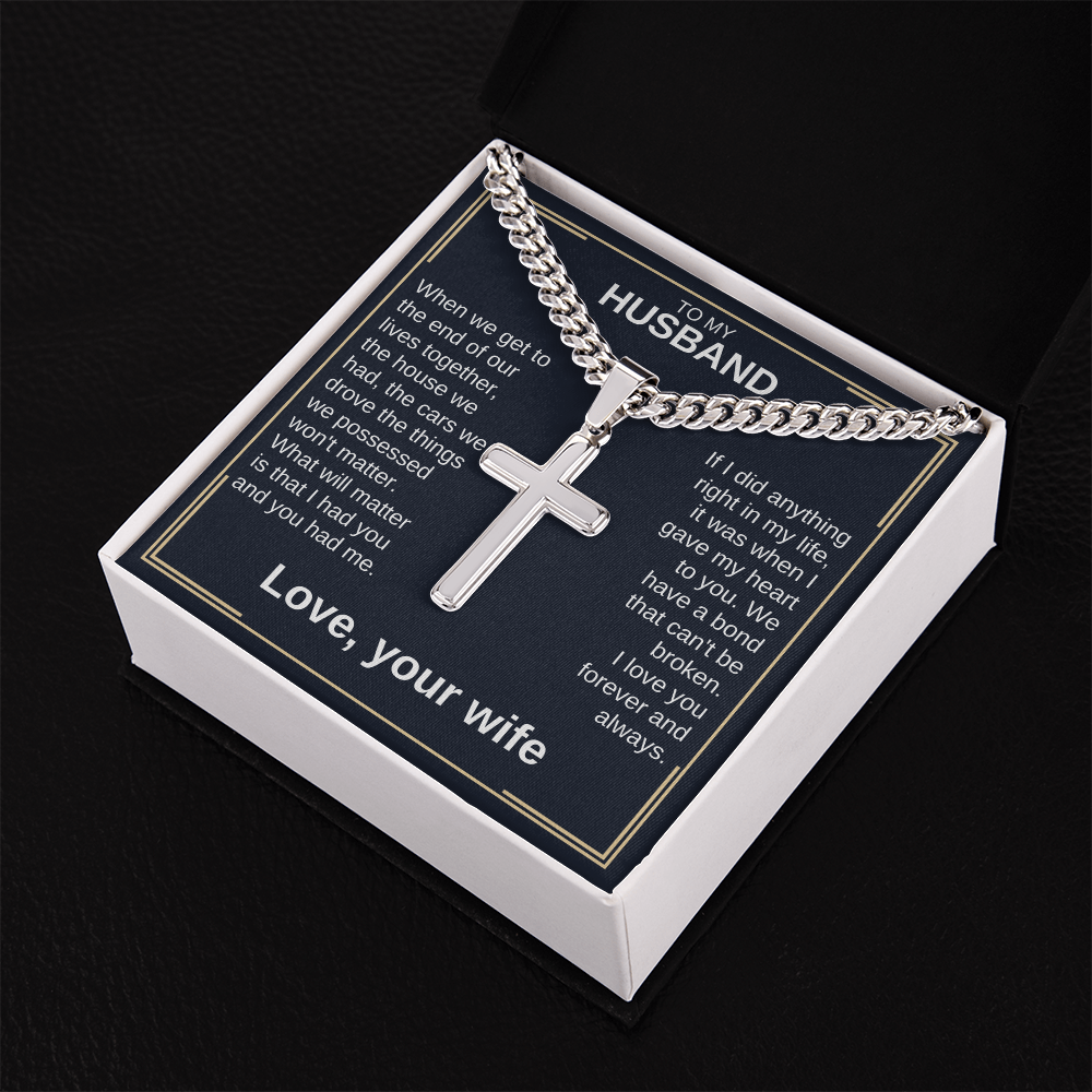 Cross pendant necklace displayed in a gift box, silver curb chain and cross
