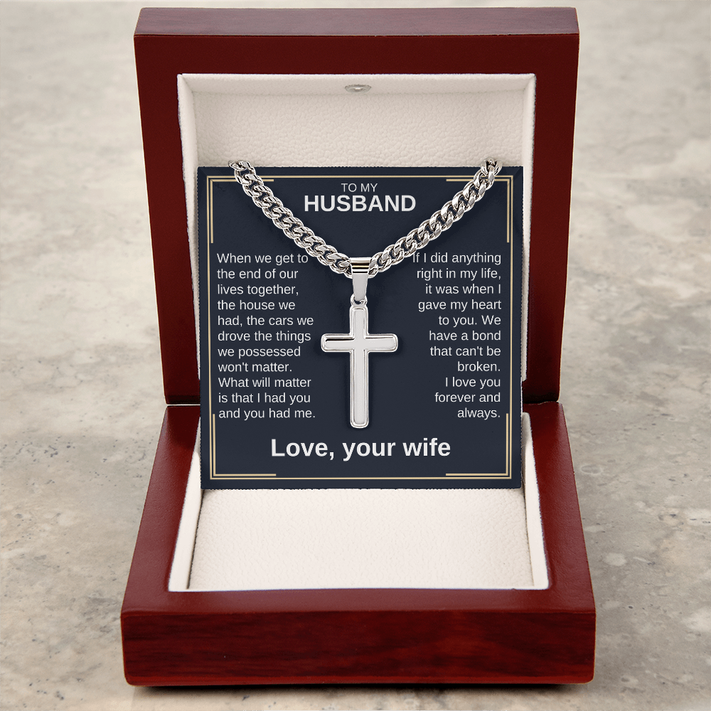 Cross pendant necklace in a gift box with silver curb chain and cross charm