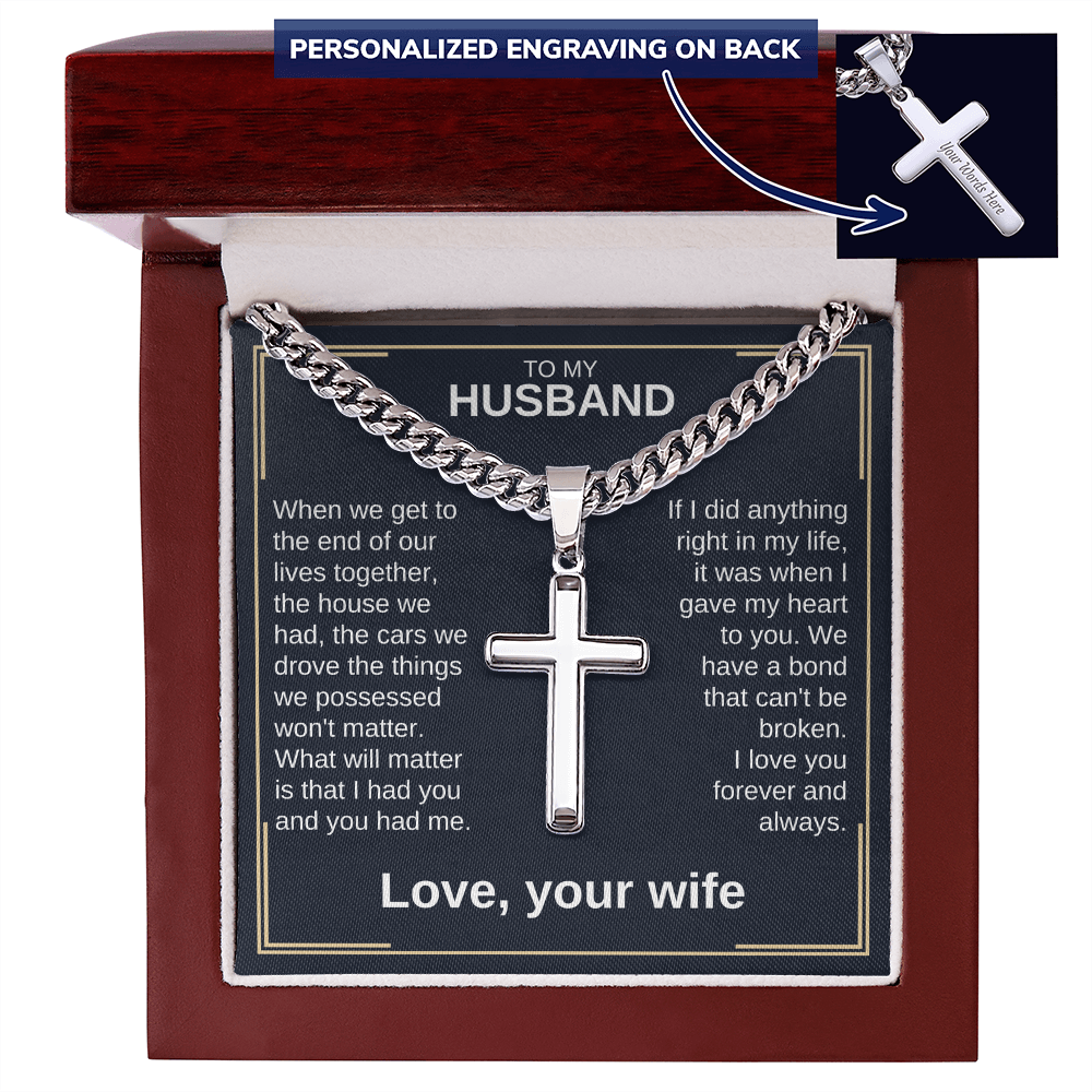 Cross pendant necklace with silver curb chain and cross charm in wooden gift box