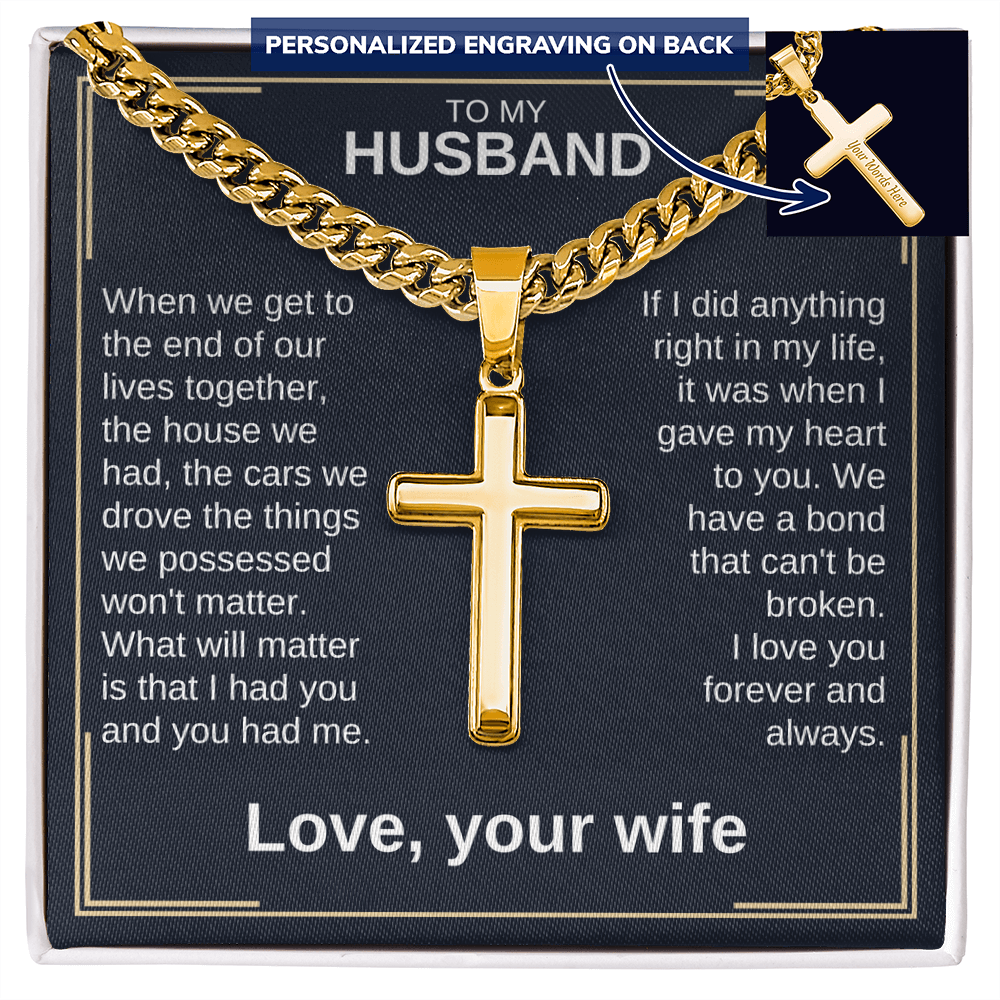 Cross pendant necklace with gold curb chain and gold cross charm