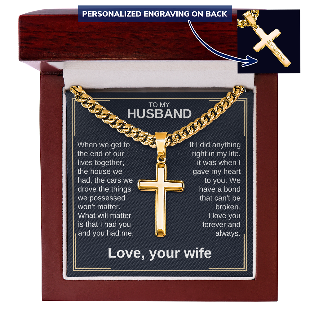 Cross pendant necklace with gold curb chain and cross charm in wooden gift box