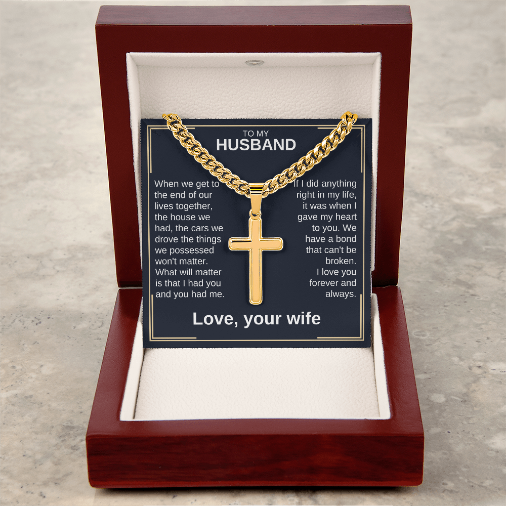 Cross pendant necklace in gift box with gold curb chain and cross charm