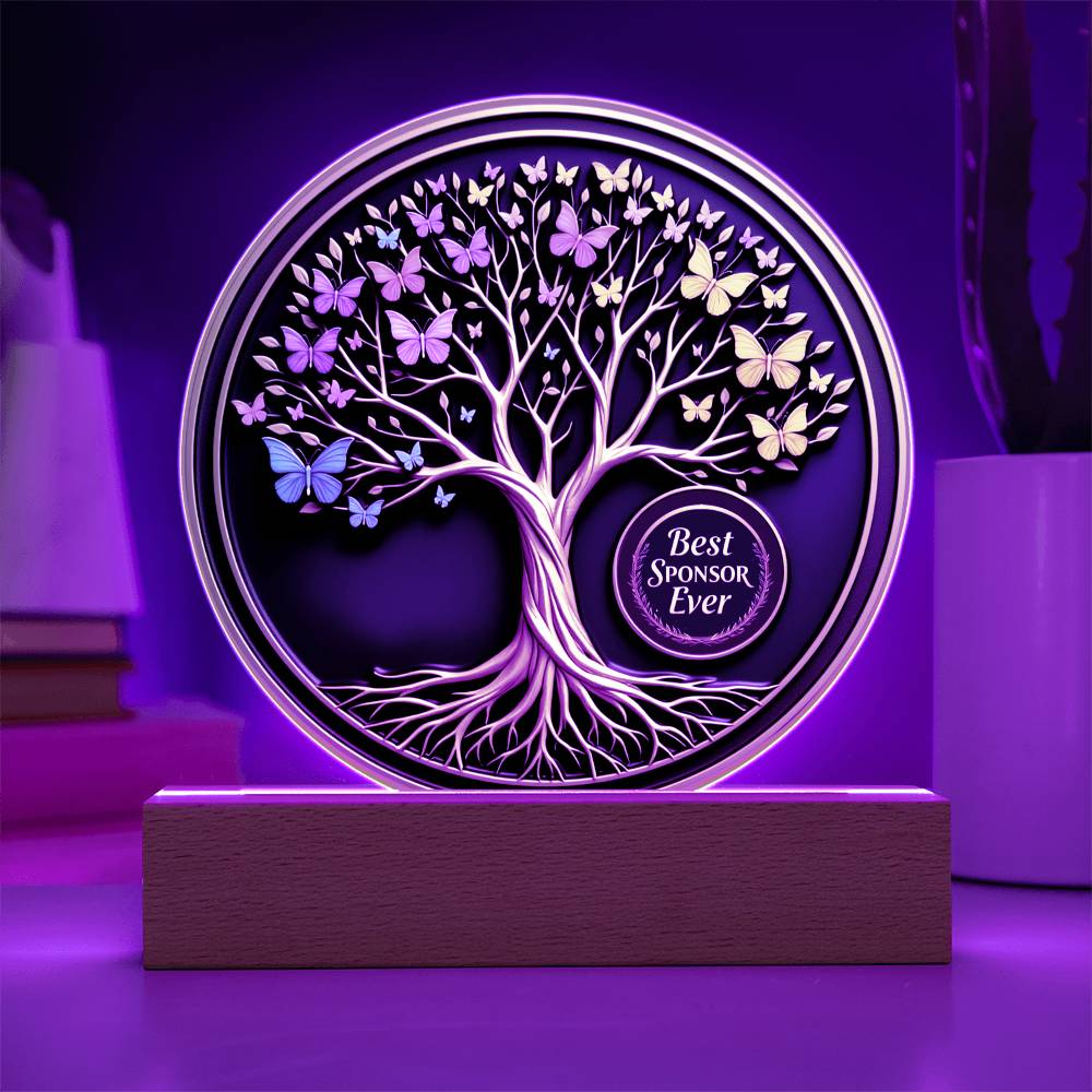 LED circle acrylic keepsake glowing purple with tree, butterflies, and wood base