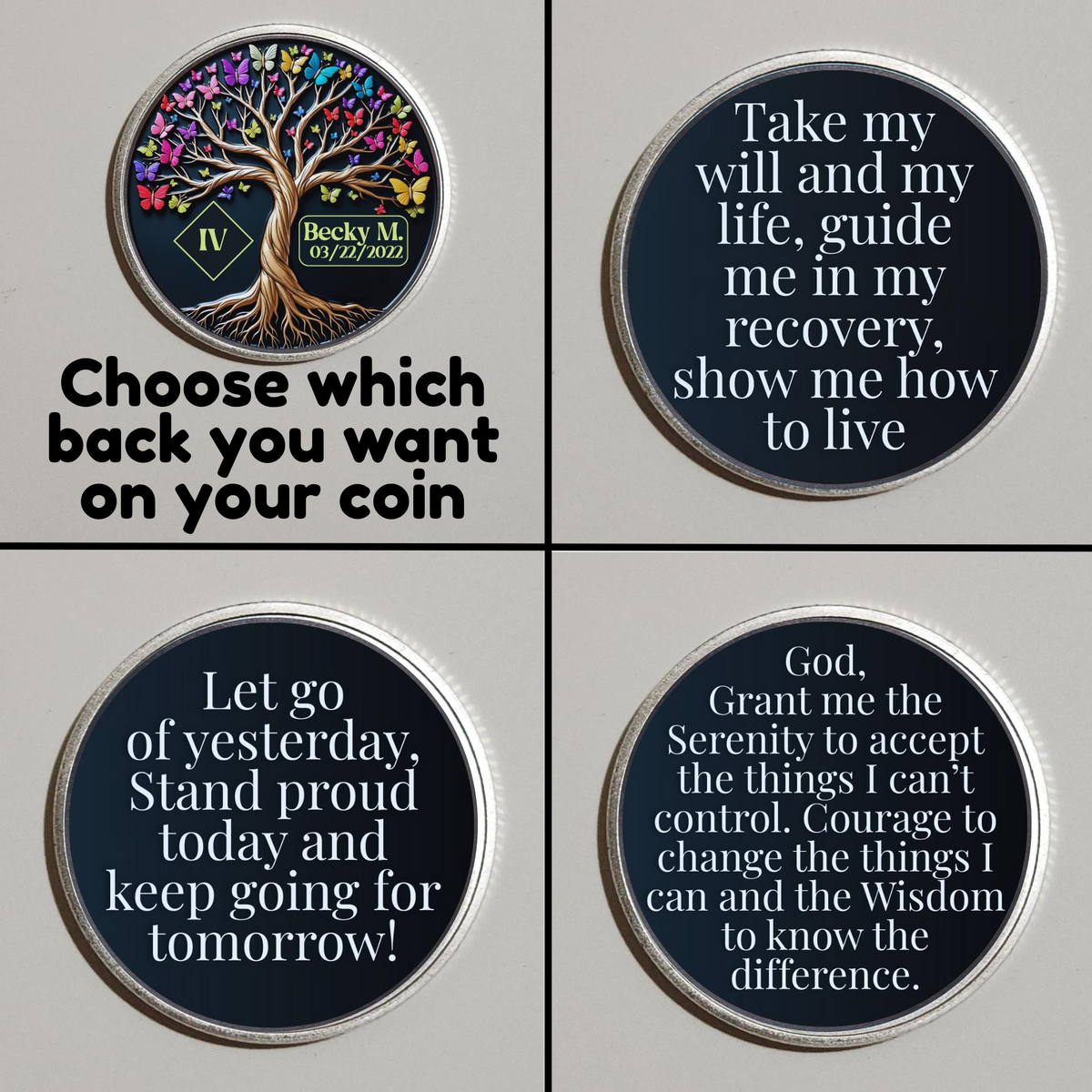 Four views of round recovery coins with Tree of Life and prayer quotes