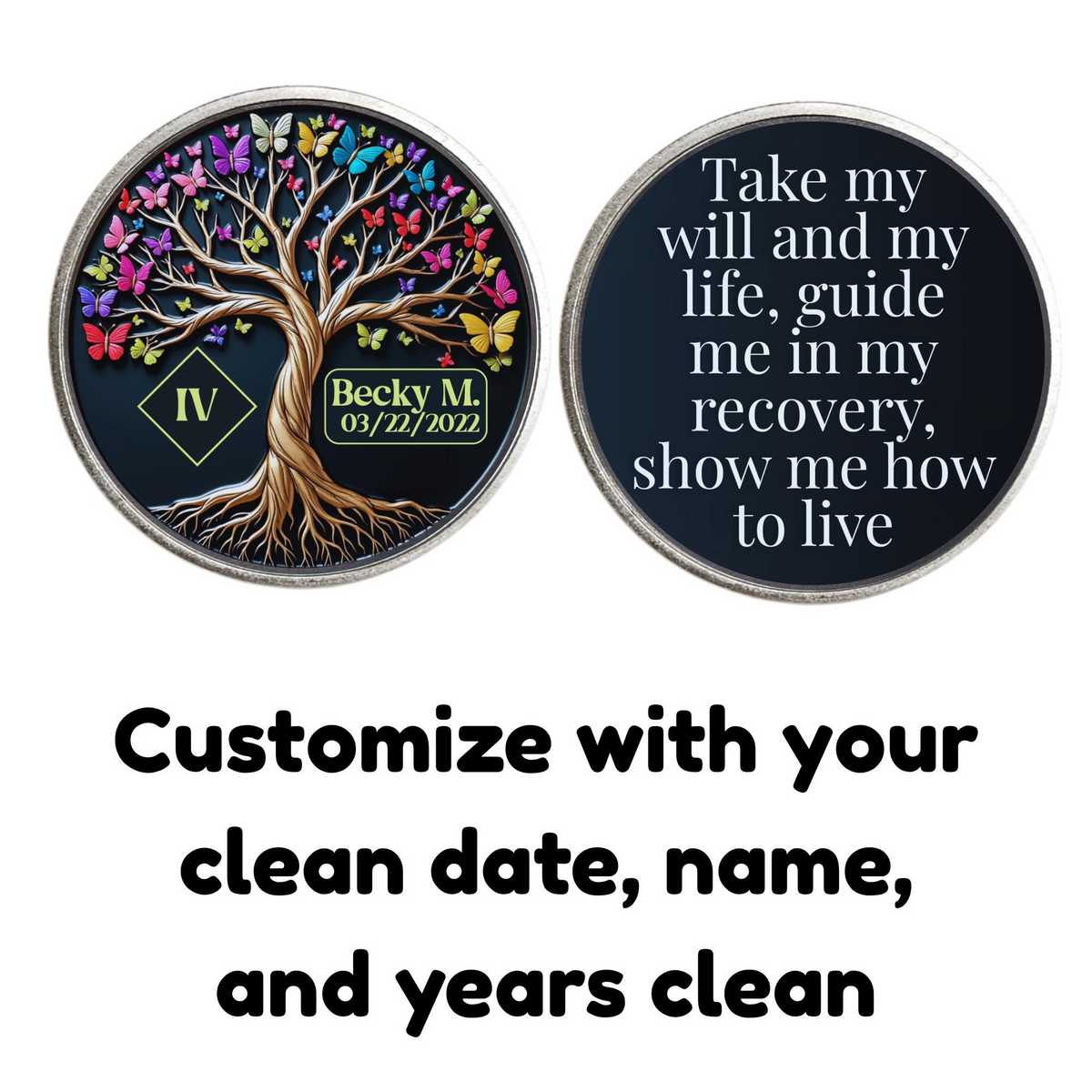Round recovery coin set: Tree of Life design and recovery quote side