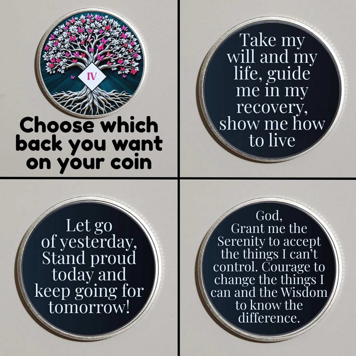 Four round coins with tree artwork and quote designs on dark blue backgrounds