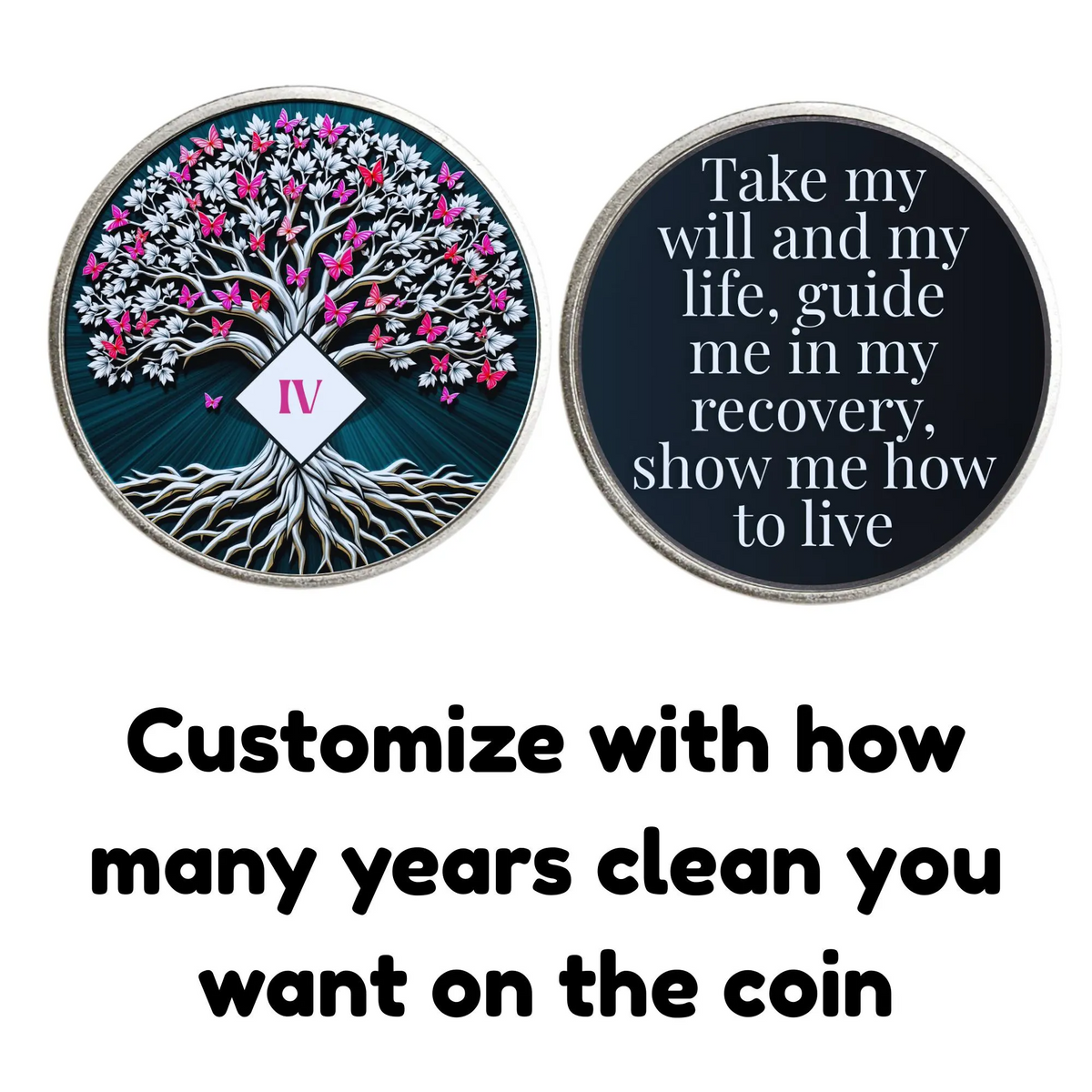 Two round coins: tree artwork with IV and a dark blue quote design