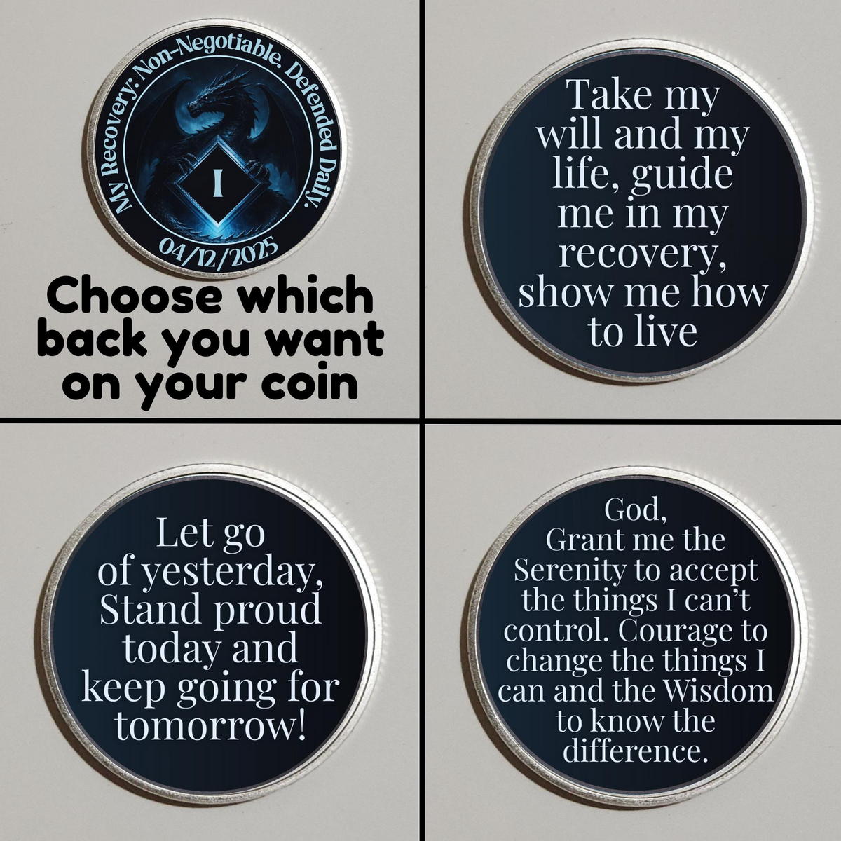 Grid of four round recovery coins with silver rims and different blue quote designs.