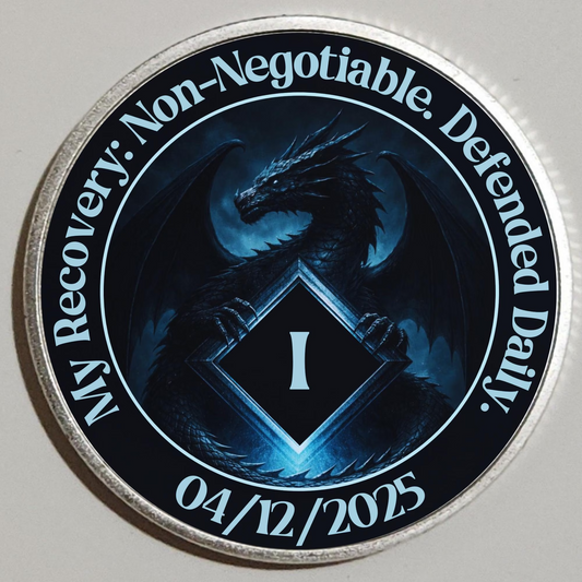 Round recovery coin with dark blue dragon emblem, “Non-Negotiable” text and date 04/12/2025.
